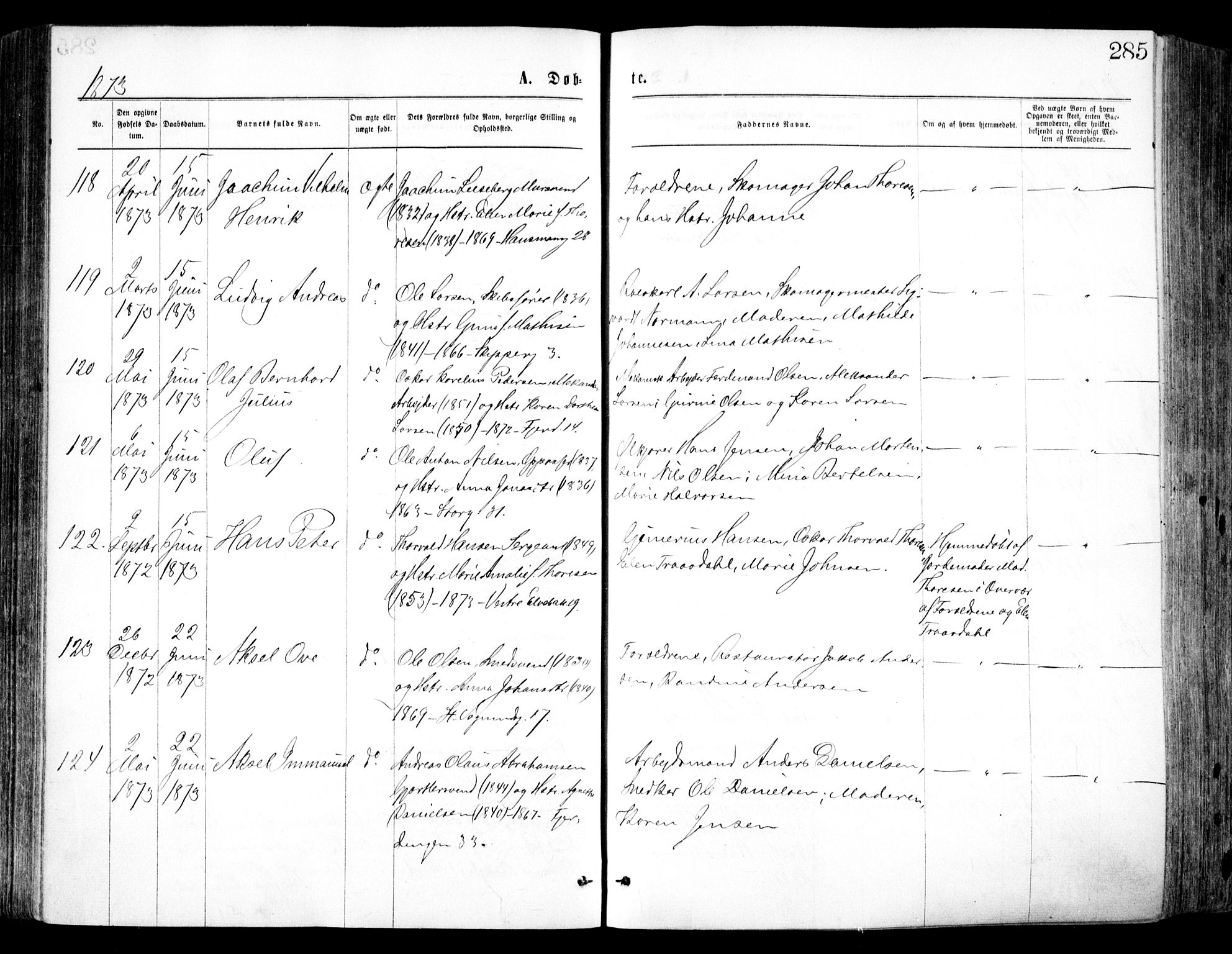 Oslo domkirke Kirkebøker, SAO/A-10752/F/Fa/L0017: Parish register (official) no. 17, 1869-1878, p. 285