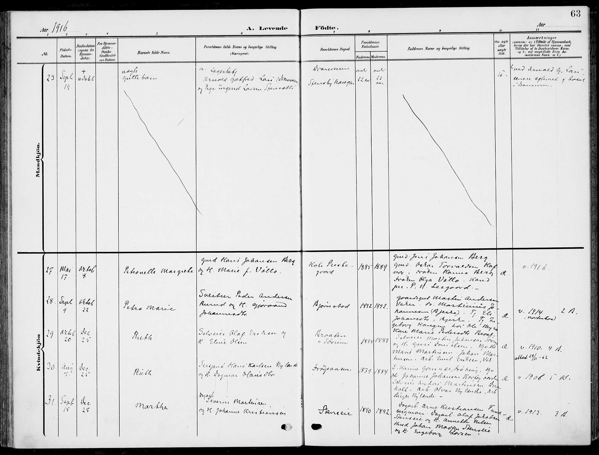 Hole kirkebøker, AV/SAKO-A-228/F/Fa/L0010: Parish register (official) no. I 10, 1907-1917, p. 63