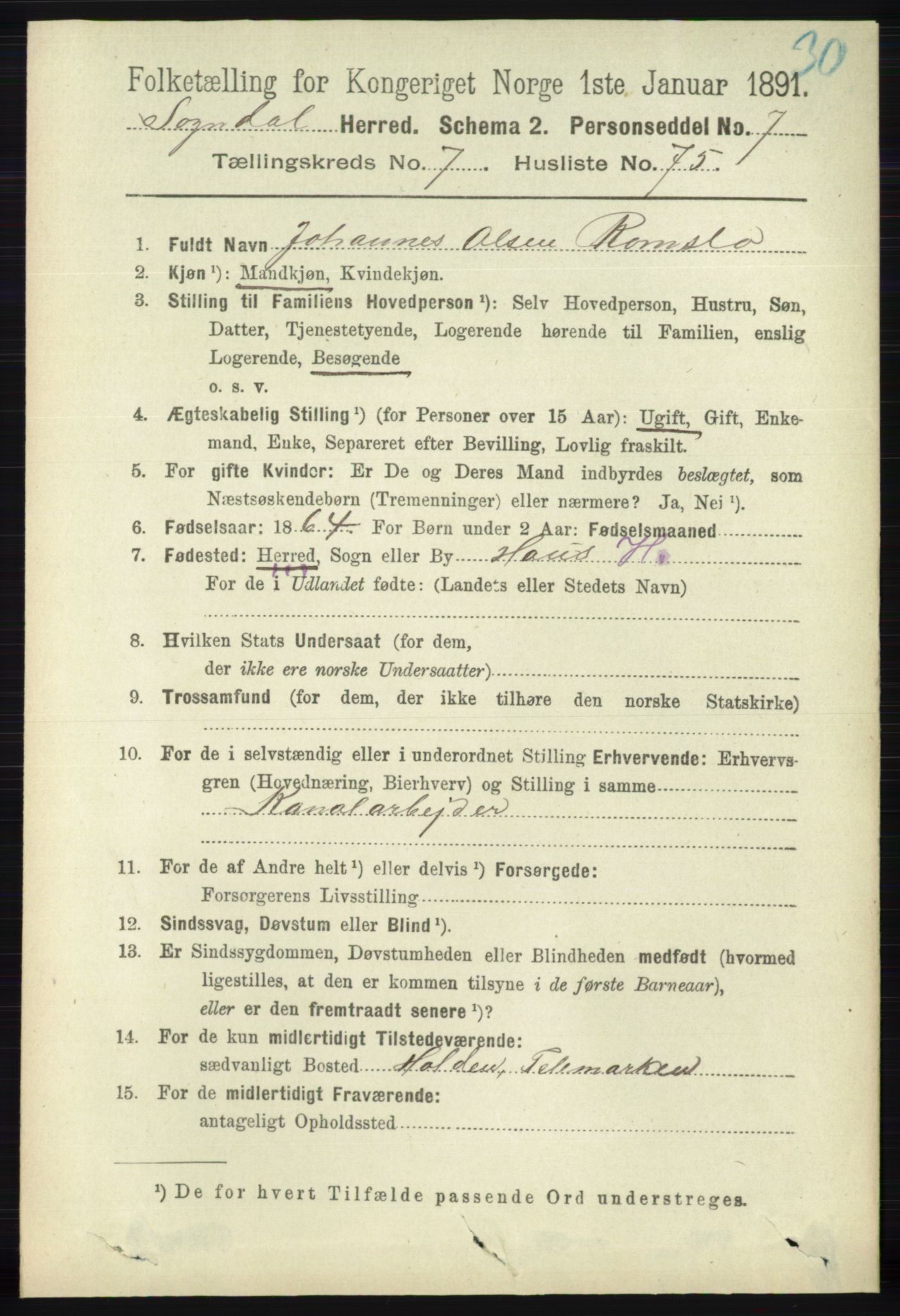 RA, 1891 census for 1111 Sokndal, 1891, p. 2595