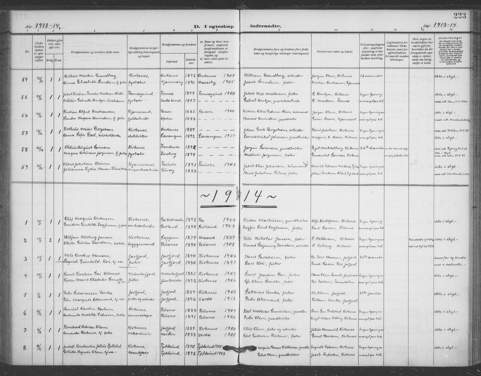 Sør-Varanger sokneprestkontor, AV/SATØ-S-1331/H/Ha/L0005kirke: Parish register (official) no. 5, 1909-1919, p. 223