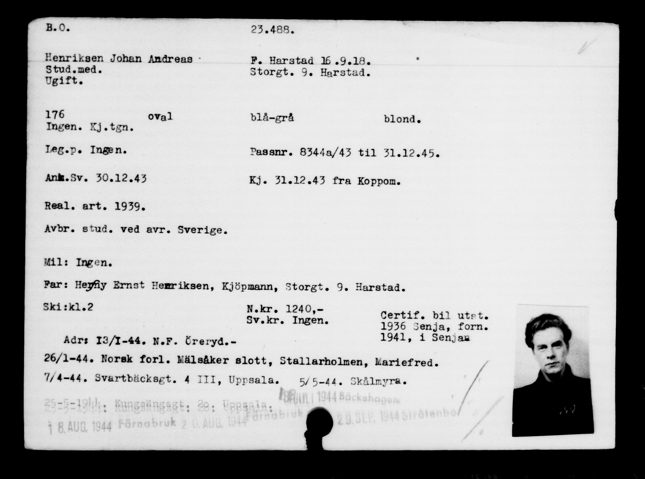 Den Kgl. Norske Legasjons Flyktningskontor, RA/S-6753/V/Va/L0010: Kjesäterkartoteket.  Flyktningenr. 22000-25314, 1940-1945, p. 1584