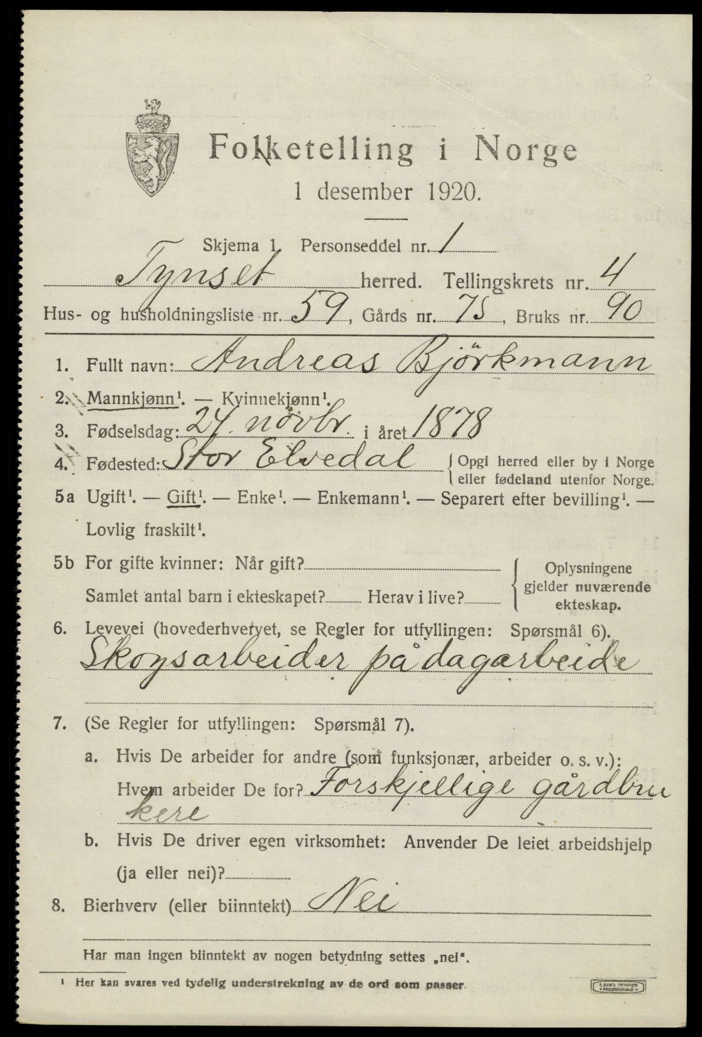 SAH, 1920 census for Tynset, 1920, p. 3950