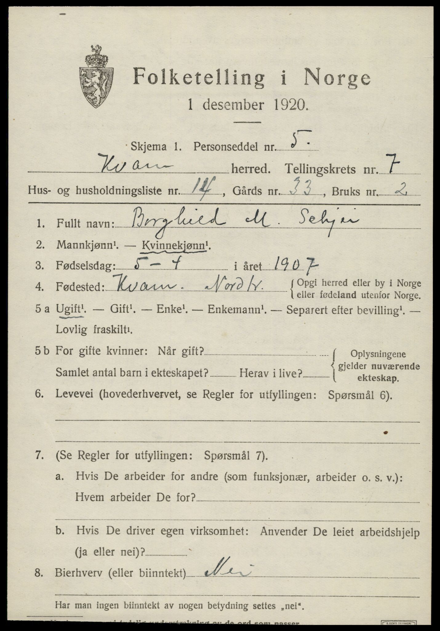 SAT, 1920 census for Kvam, 1920, p. 1987