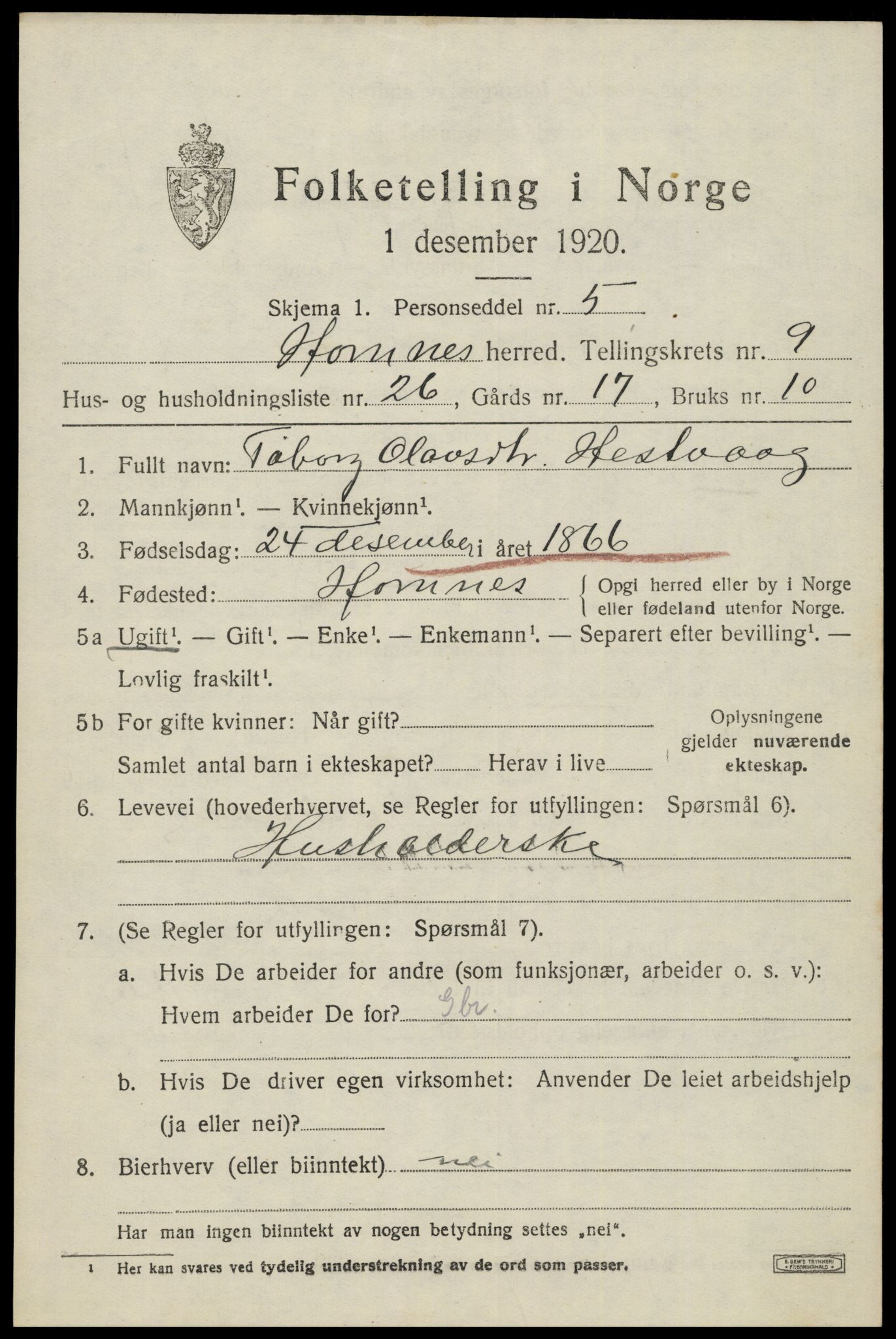 SAK, 1920 census for Hornnes, 1920, p. 2505