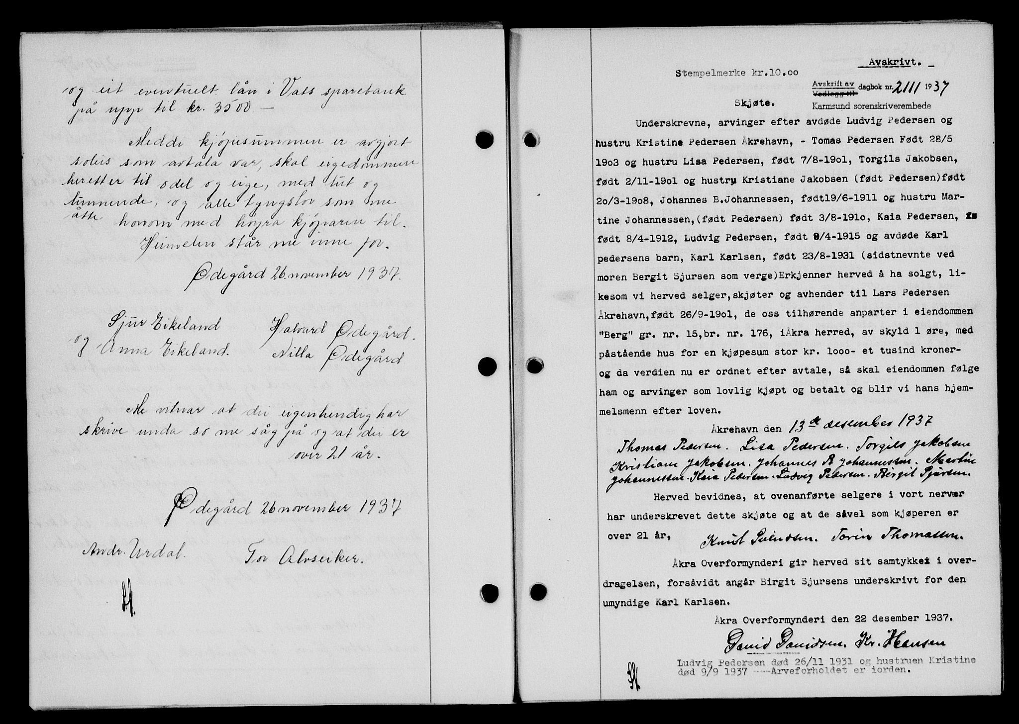 Karmsund sorenskriveri, AV/SAST-A-100311/01/II/IIB/L0069: Mortgage book no. 50A, 1937-1938, Diary no: : 2111/1937