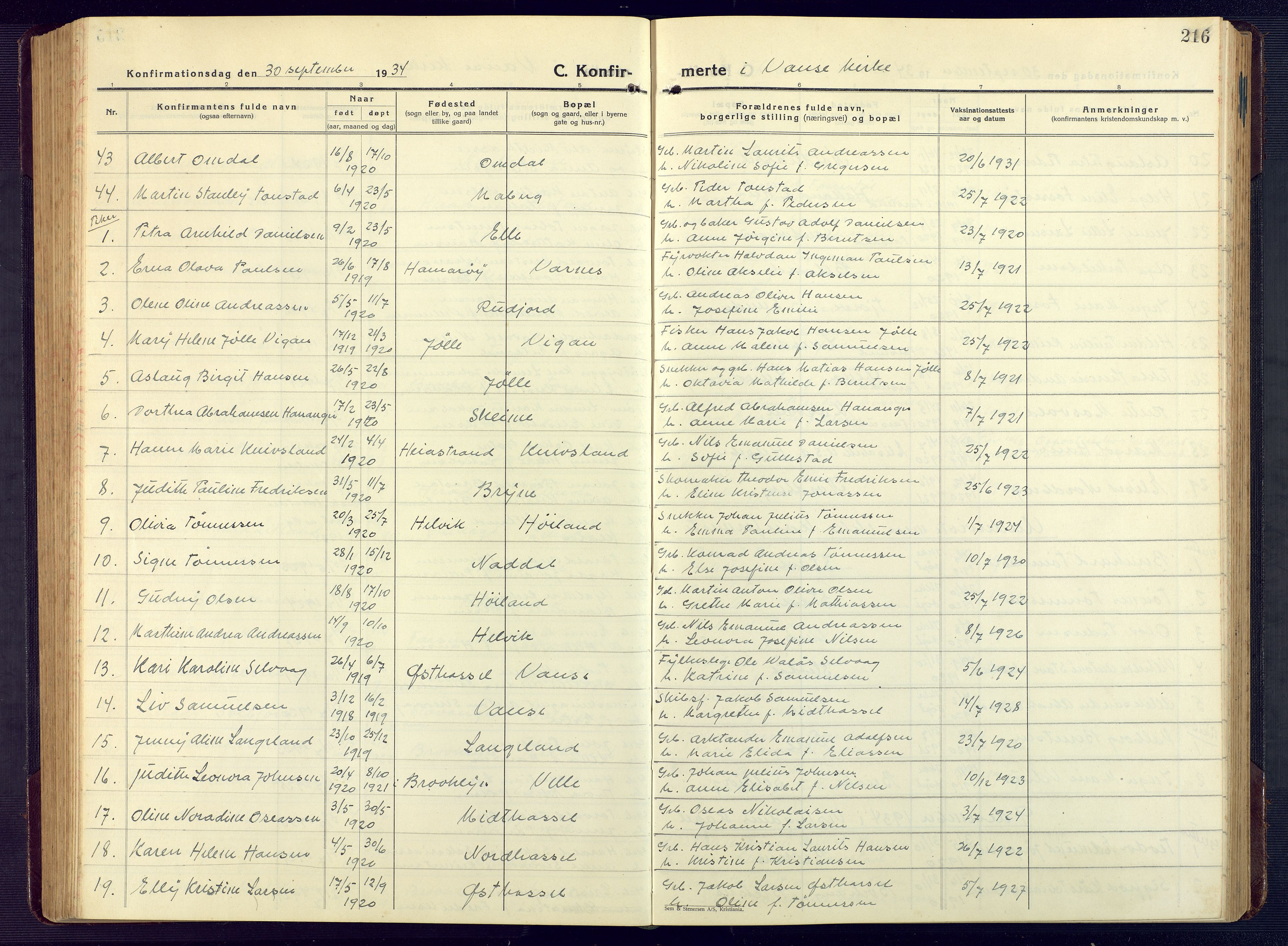 Lista sokneprestkontor, AV/SAK-1111-0027/F/Fb/L0006: Parish register (copy) no. B 6, 1924-1947, p. 216