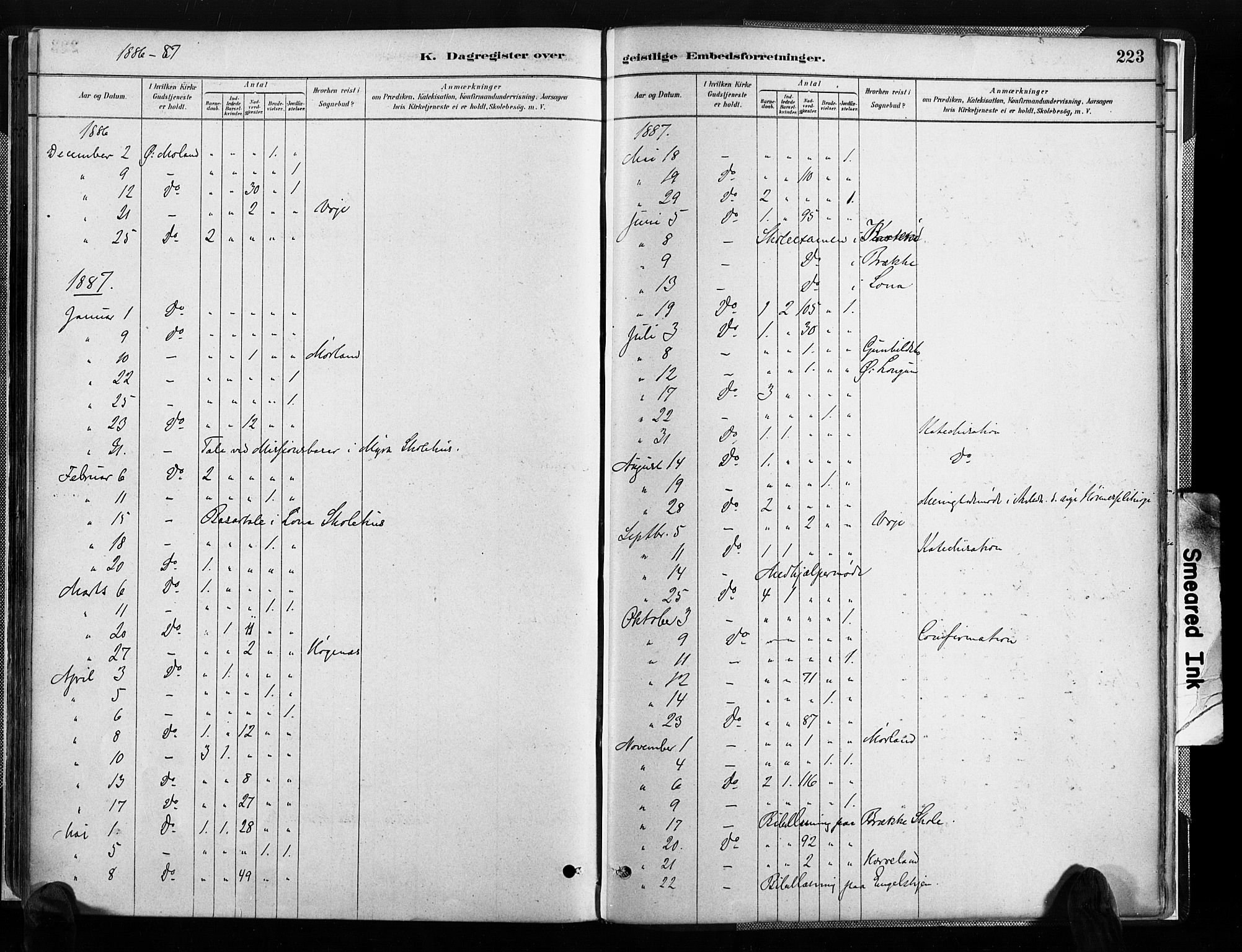 Austre Moland sokneprestkontor, SAK/1111-0001/F/Fa/Faa/L0010: Parish register (official) no. A 10, 1880-1904, p. 223