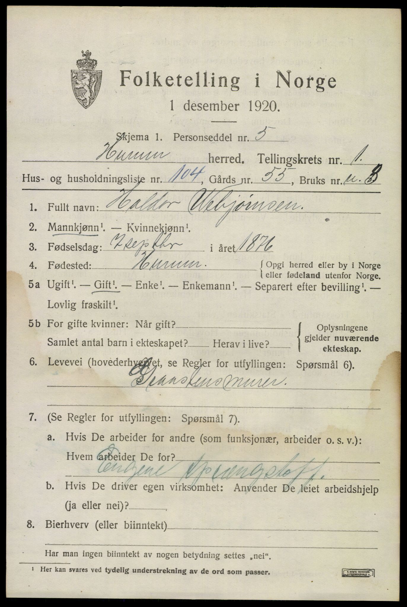 SAKO, 1920 census for Hurum, 1920, p. 3102