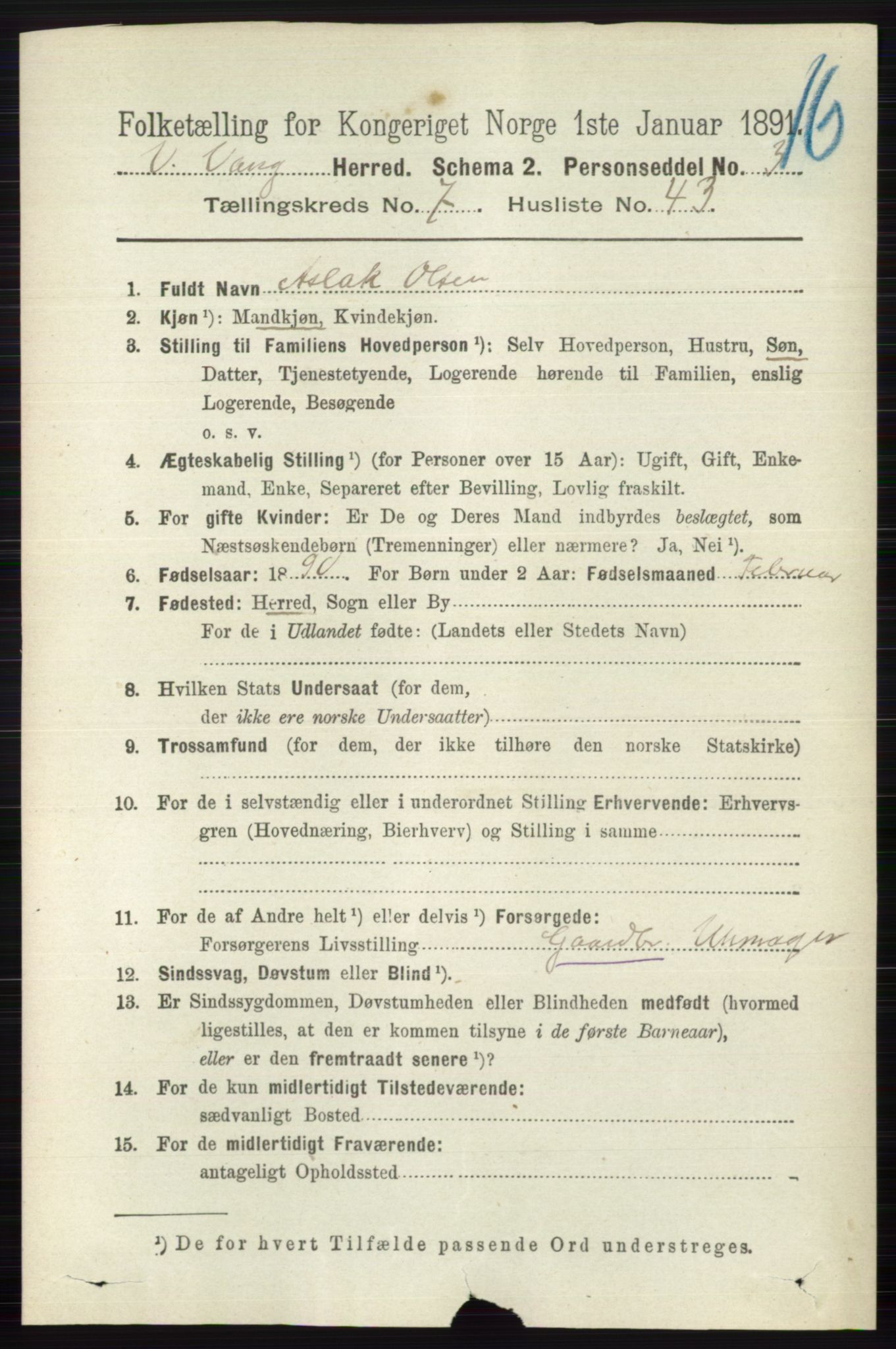 RA, 1891 census for 0545 Vang, 1891, p. 1693
