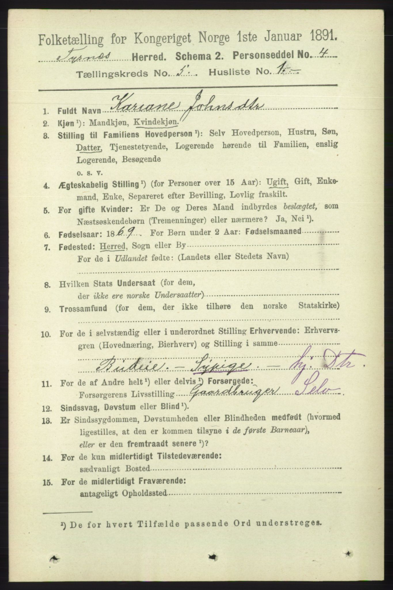 RA, 1891 census for 1223 Tysnes, 1891, p. 1905