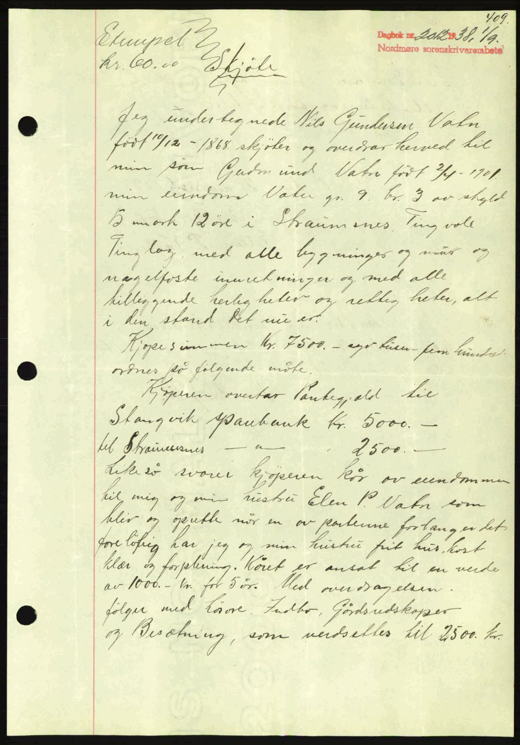 Nordmøre sorenskriveri, AV/SAT-A-4132/1/2/2Ca: Mortgage book no. A84, 1938-1938, Diary no: : 2012/1938