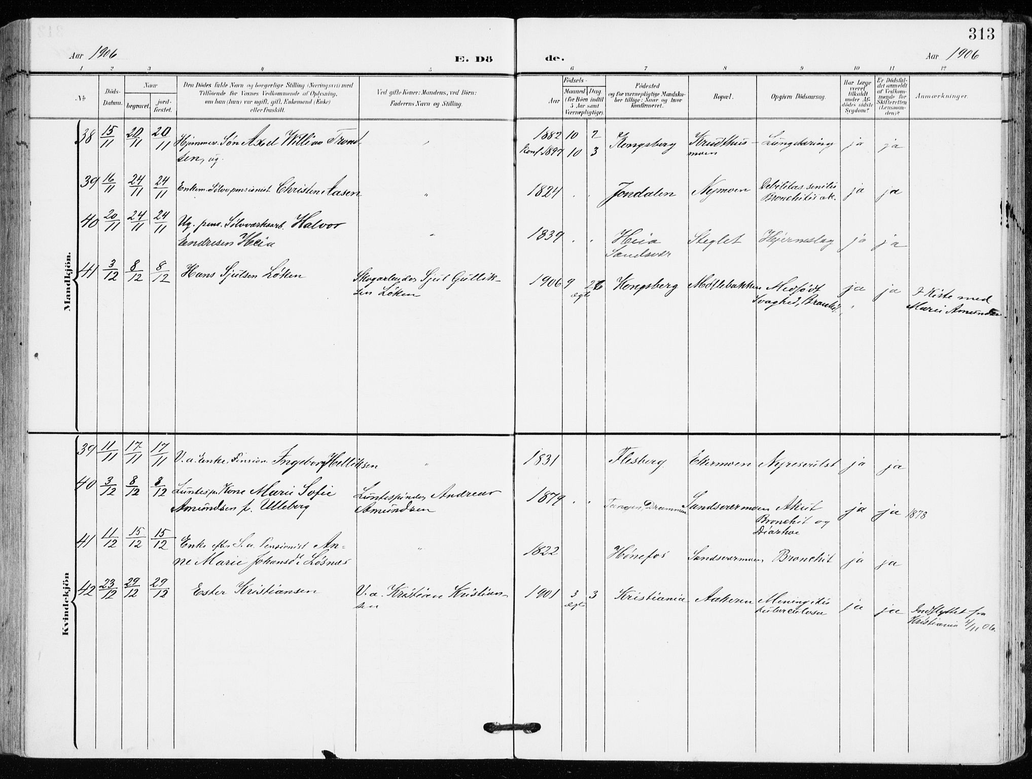 Kongsberg kirkebøker, AV/SAKO-A-22/F/Fb/L0004: Parish register (official) no. II 4, 1906-1918, p. 313