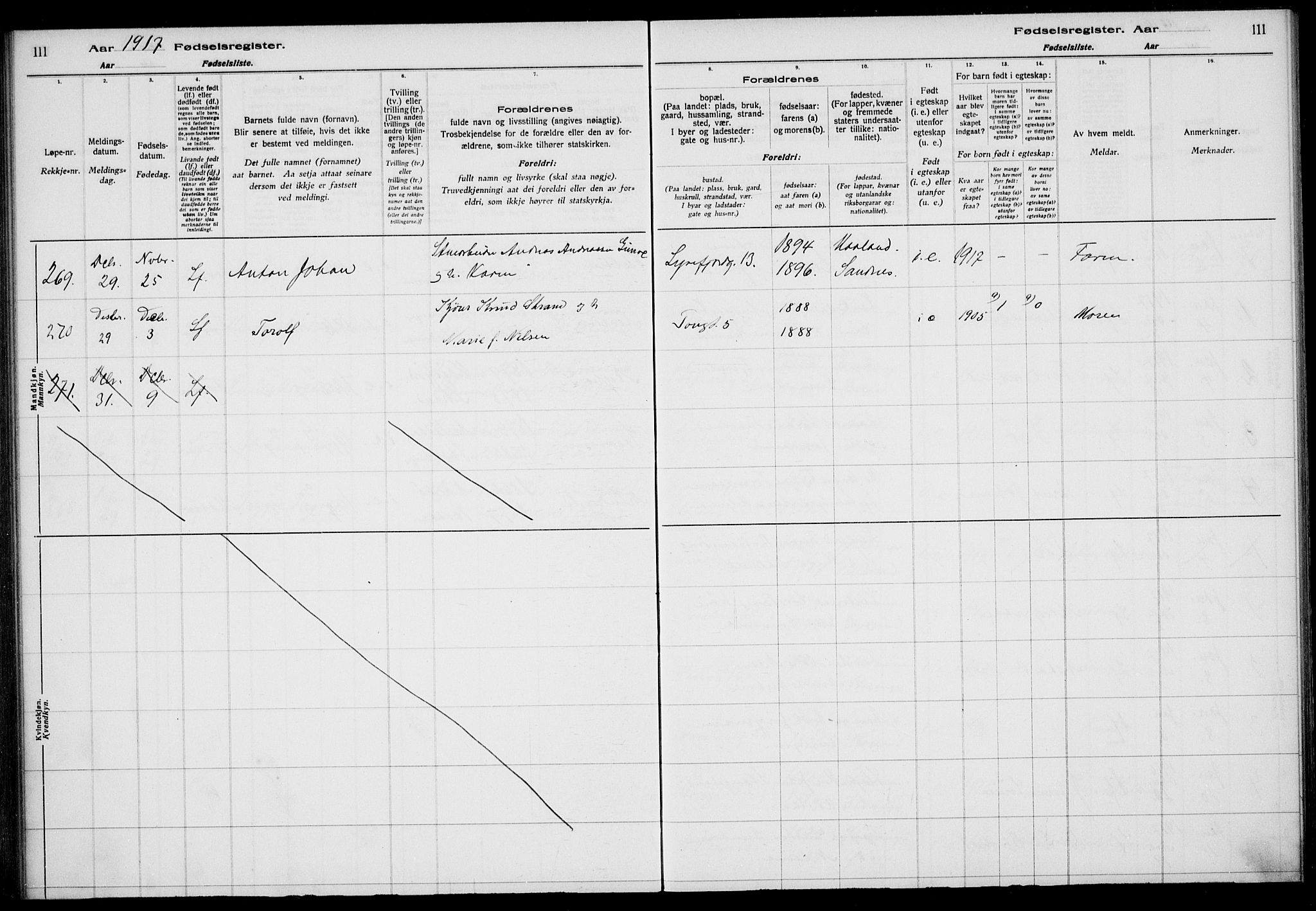 St. Johannes sokneprestkontor, AV/SAST-A-101814/002/A/L0001: Birth register no. 1, 1916-1919, p. 111