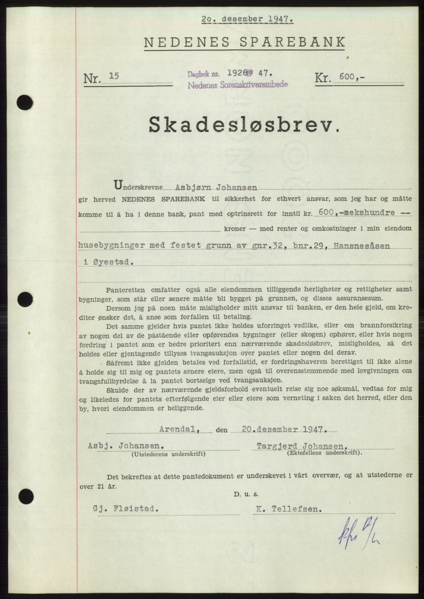 Nedenes sorenskriveri, AV/SAK-1221-0006/G/Gb/Gbb/L0004: Mortgage book no. B4, 1947-1947, Diary no: : 1926/1947