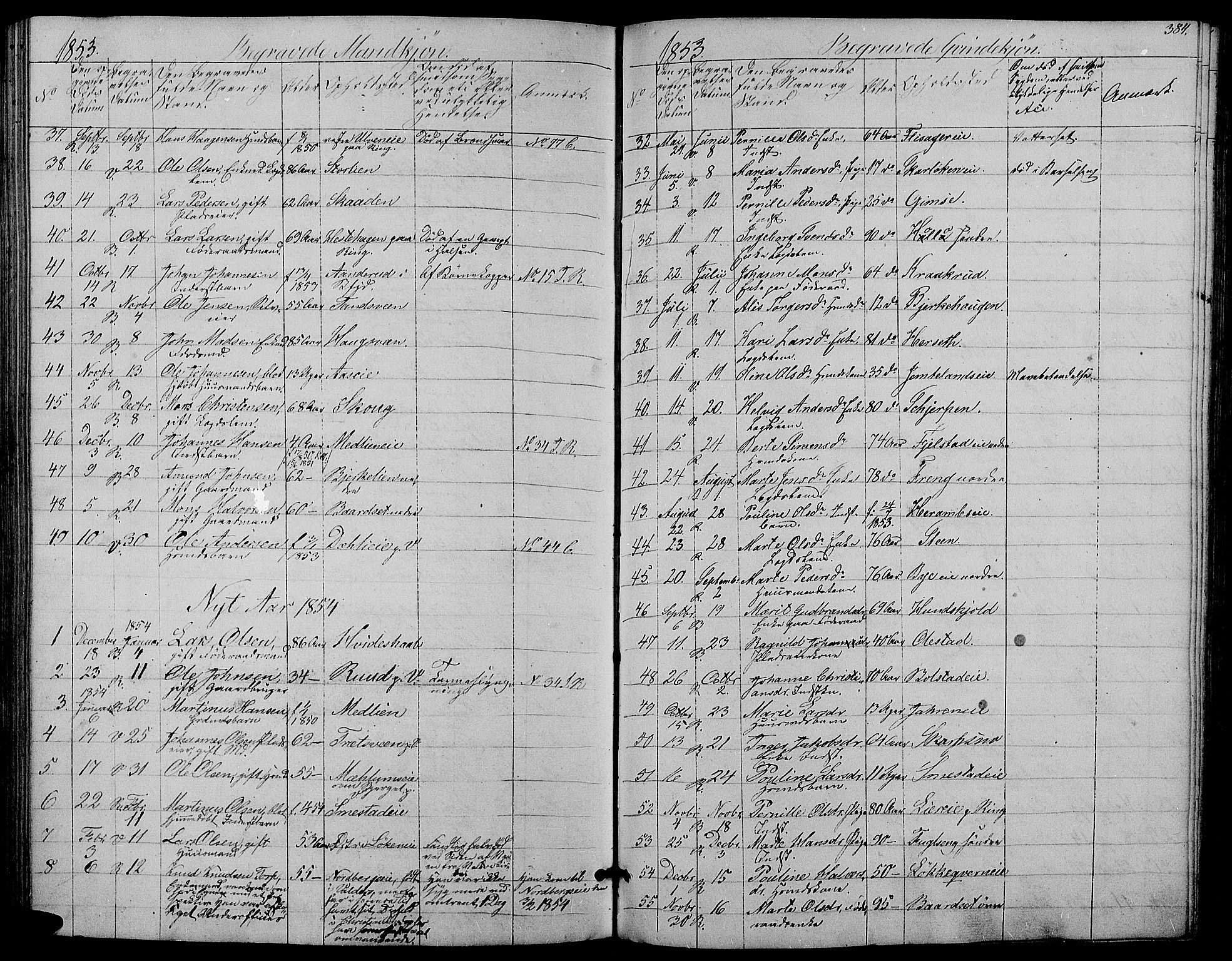 Ringsaker prestekontor, AV/SAH-PREST-014/L/La/L0006: Parish register (copy) no. 6, 1851-1860, p. 384