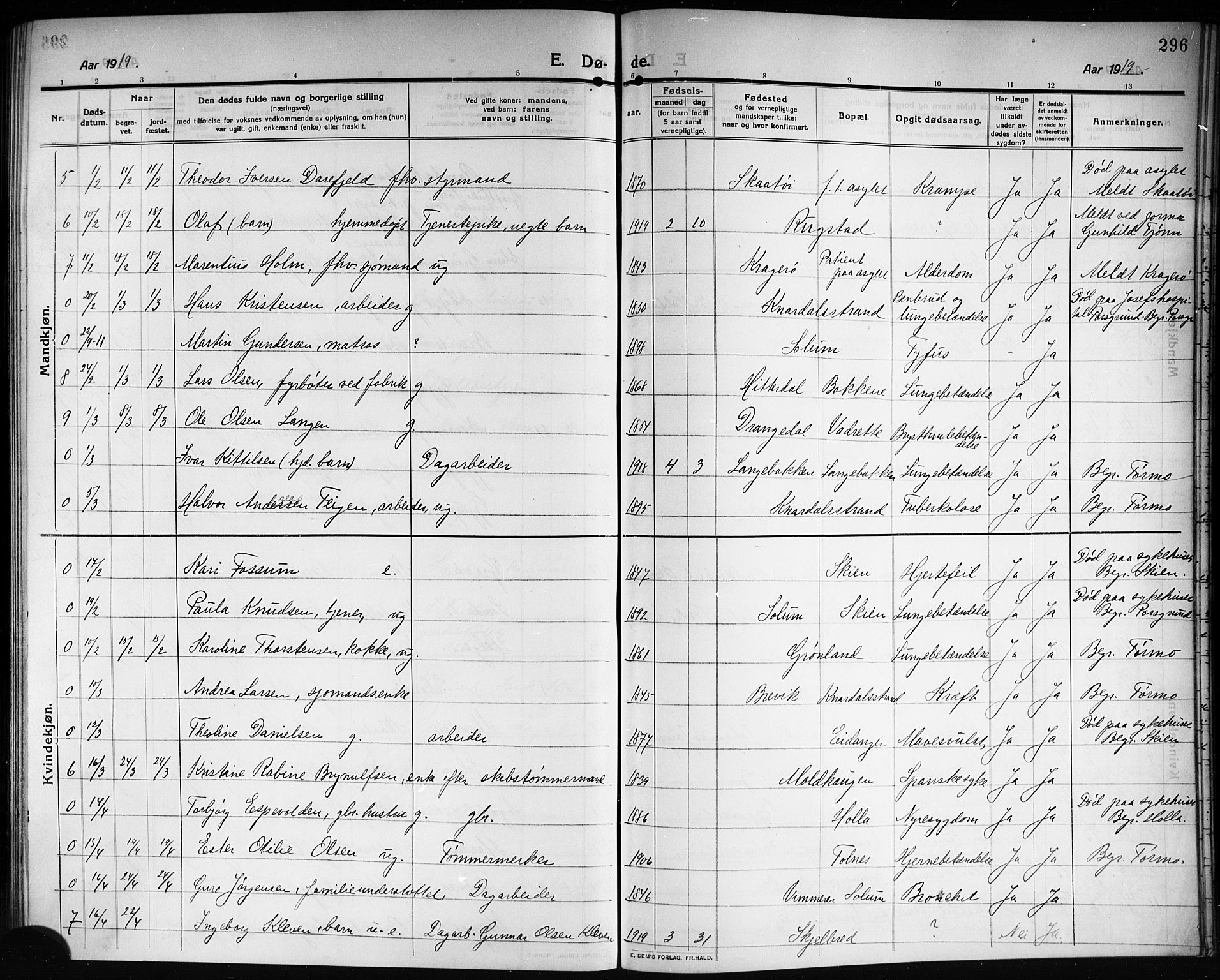 Solum kirkebøker, SAKO/A-306/G/Ga/L0009: Parish register (copy) no. I 9, 1909-1922, p. 296