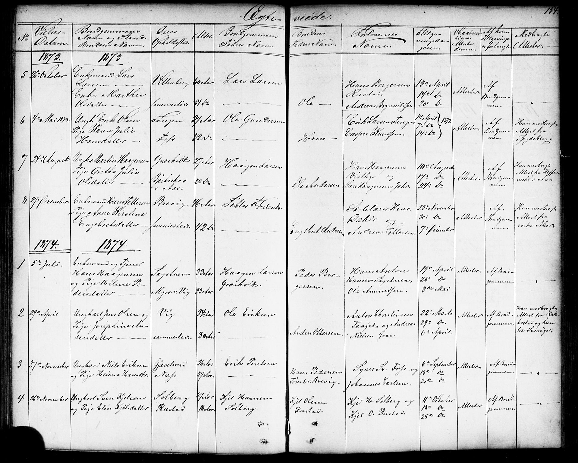 Enebakk prestekontor Kirkebøker, AV/SAO-A-10171c/G/Gb/L0001: Parish register (copy) no. II 1, 1859-1890, p. 154