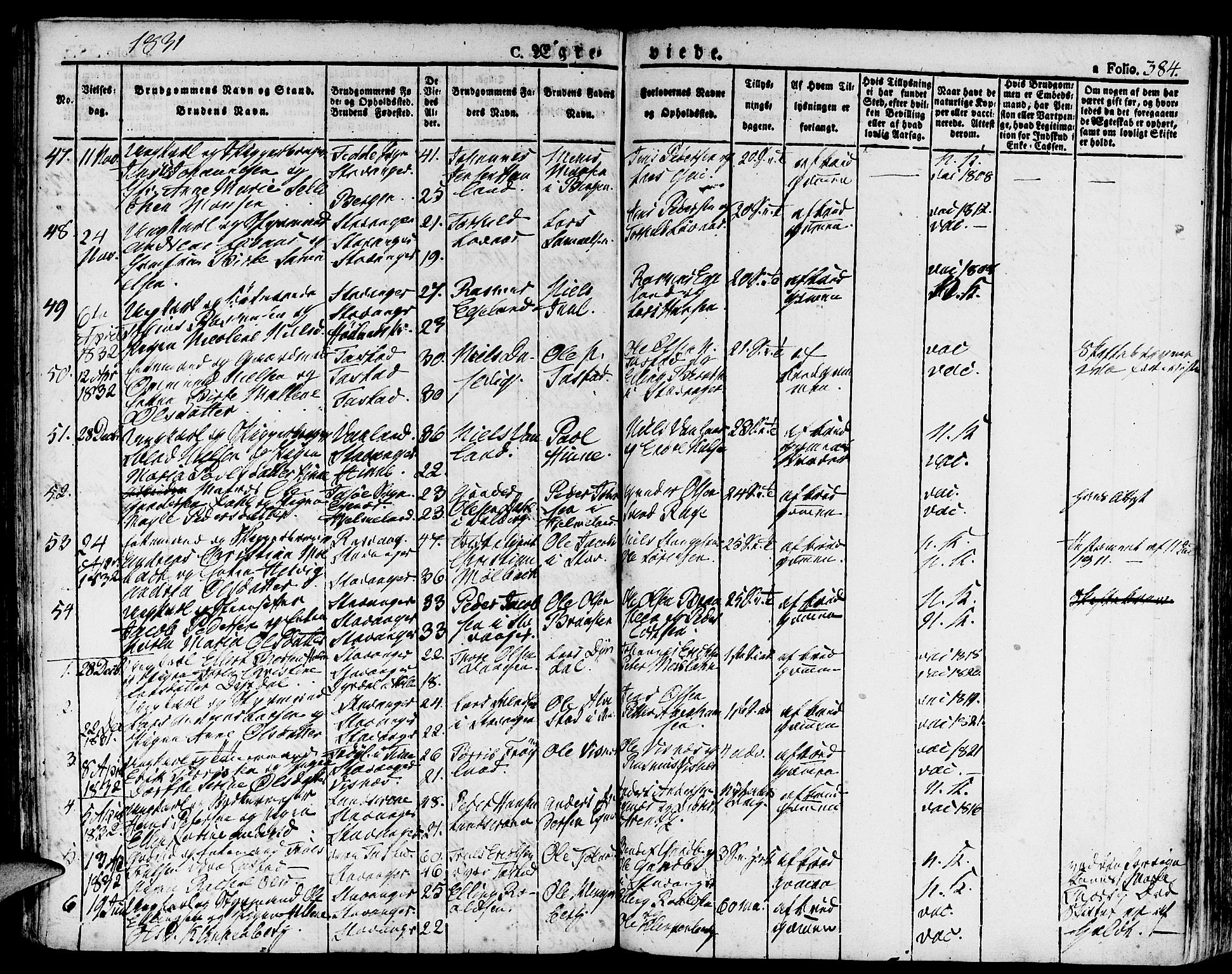 Domkirken sokneprestkontor, SAST/A-101812/001/30/30BA/L0009: Parish register (official) no. A 9, 1821-1832, p. 384