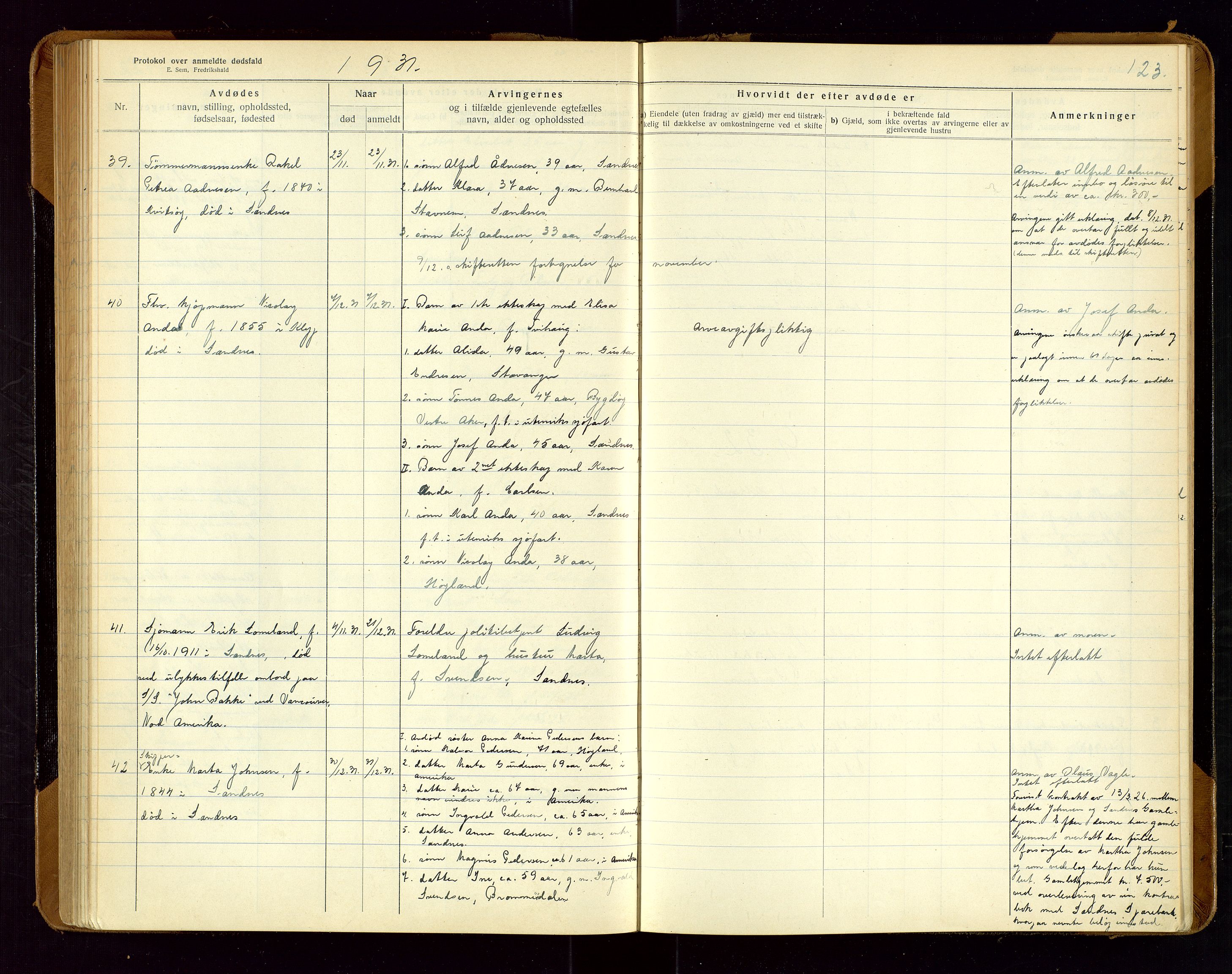 Sandnes lensmannskontor, SAST/A-100167/Gga/L0001: "Protokol over anmeldte dødsfald" m/register, 1918-1940, p. 123
