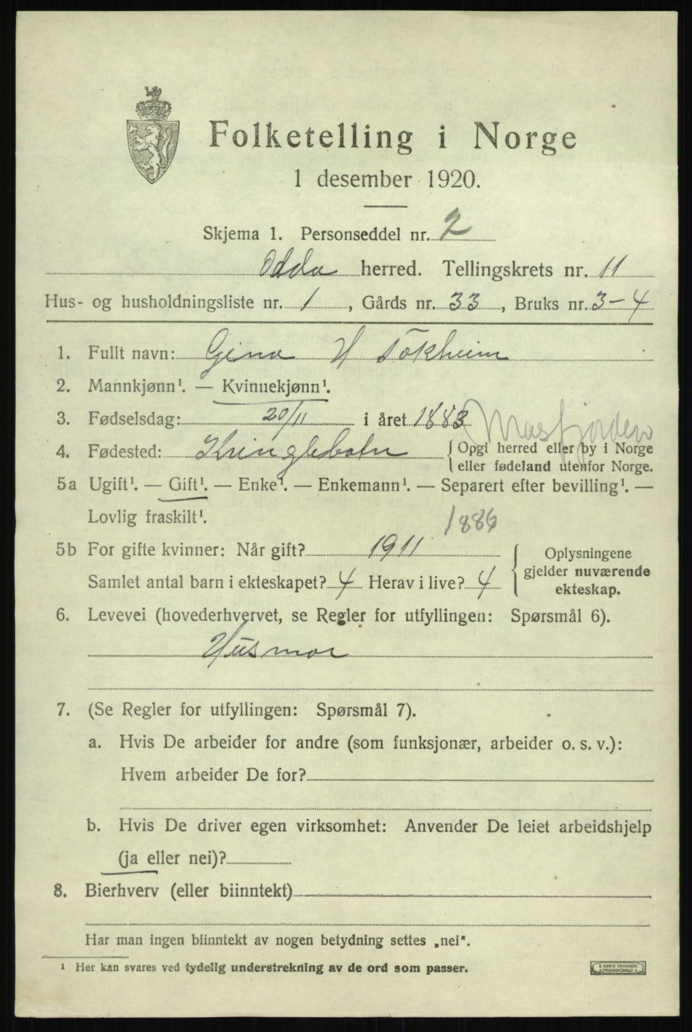 SAB, 1920 census for Odda, 1920, p. 10795