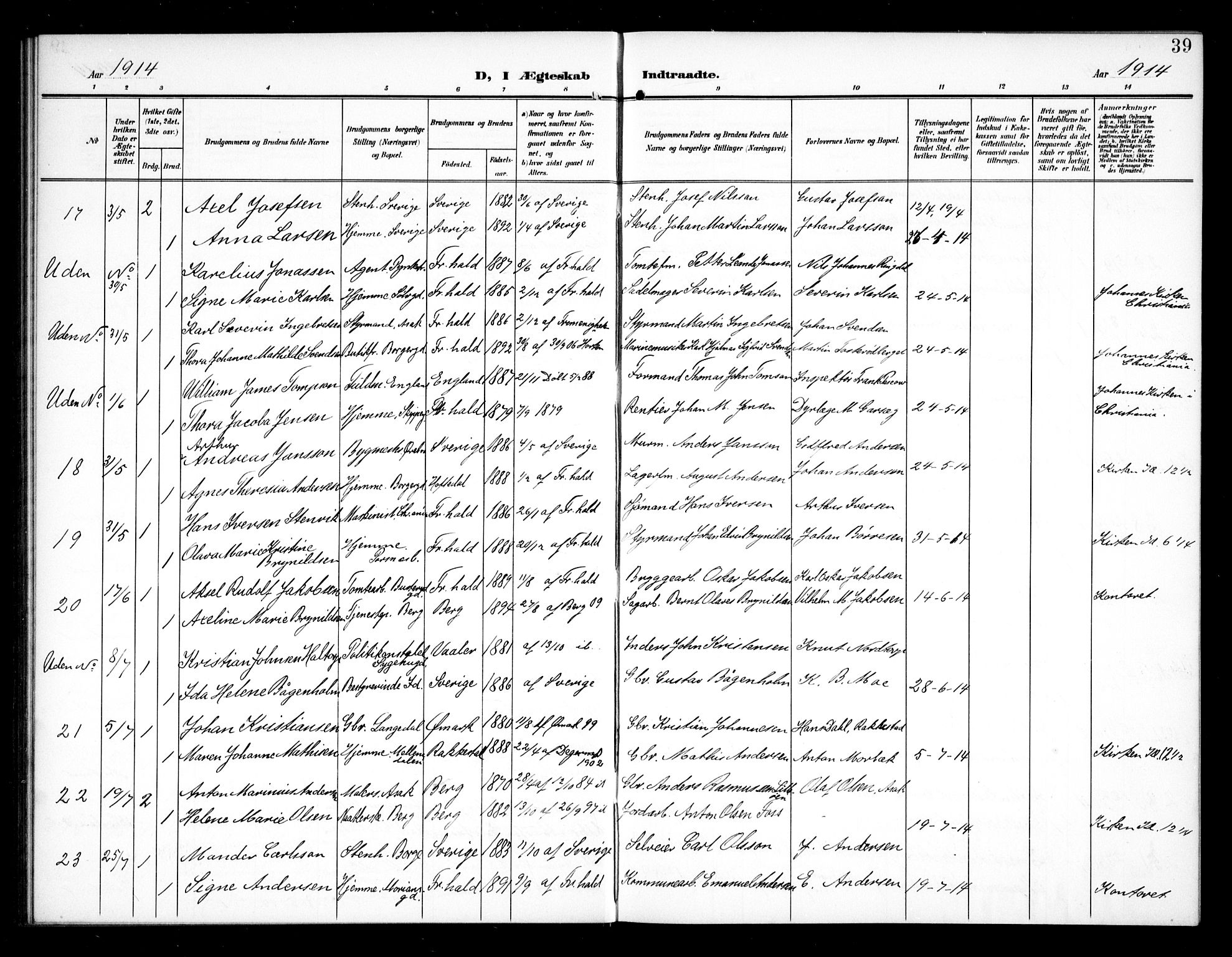 Halden prestekontor Kirkebøker, AV/SAO-A-10909/G/Ga/L0011: Parish register (copy) no. 11, 1906-1934, p. 39