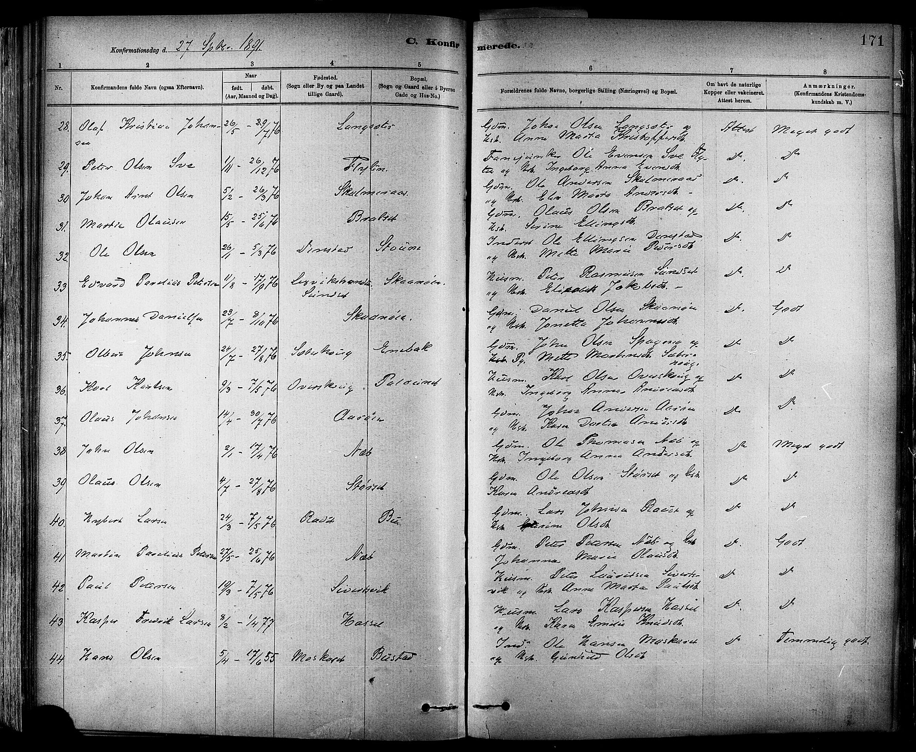 Ministerialprotokoller, klokkerbøker og fødselsregistre - Sør-Trøndelag, AV/SAT-A-1456/647/L0634: Parish register (official) no. 647A01, 1885-1896, p. 171