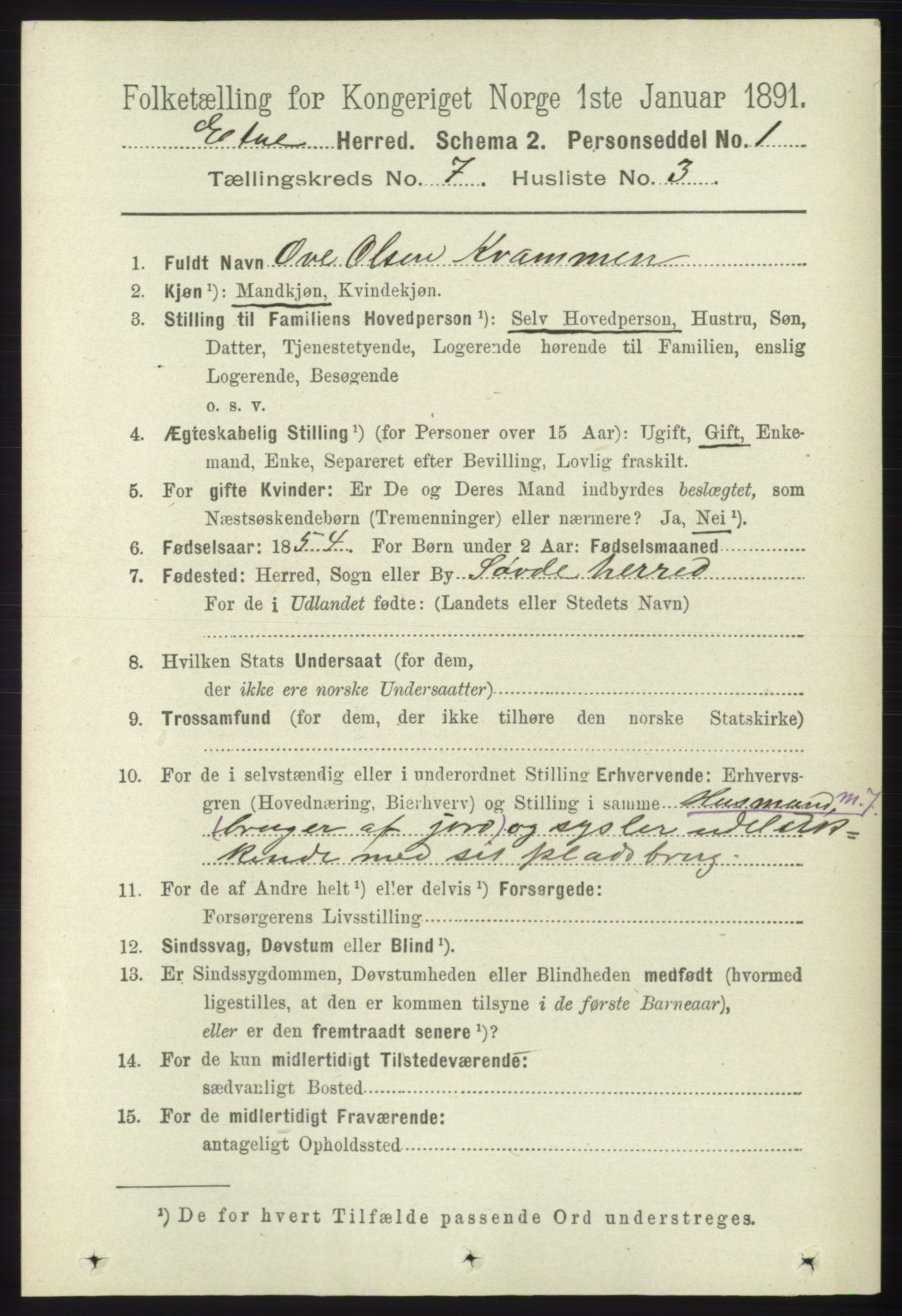 RA, 1891 census for 1211 Etne, 1891, p. 1402