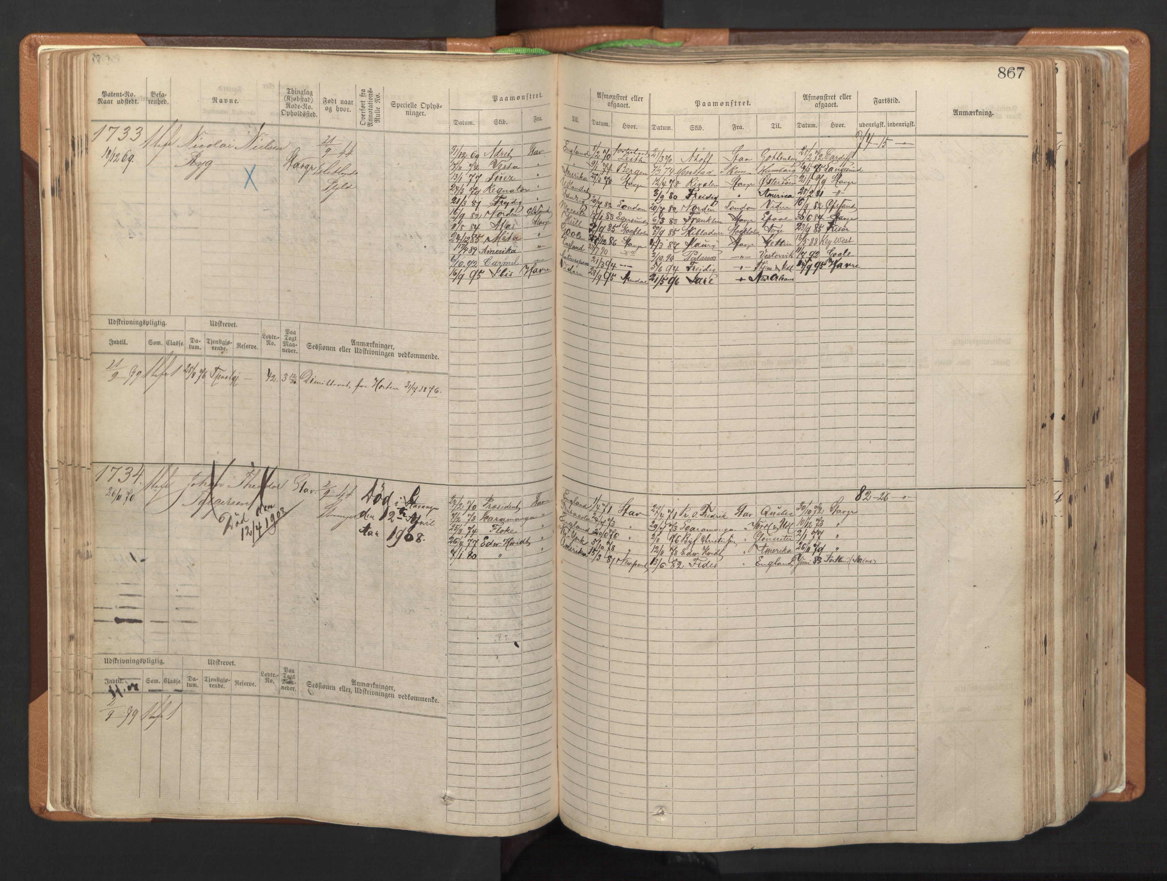 Stavanger sjømannskontor, AV/SAST-A-102006/F/Fb/Fbb/L0006: Sjøfartshovedrulle, patentnr. 1607-2402 (del 3), 1869-1880, p. 66