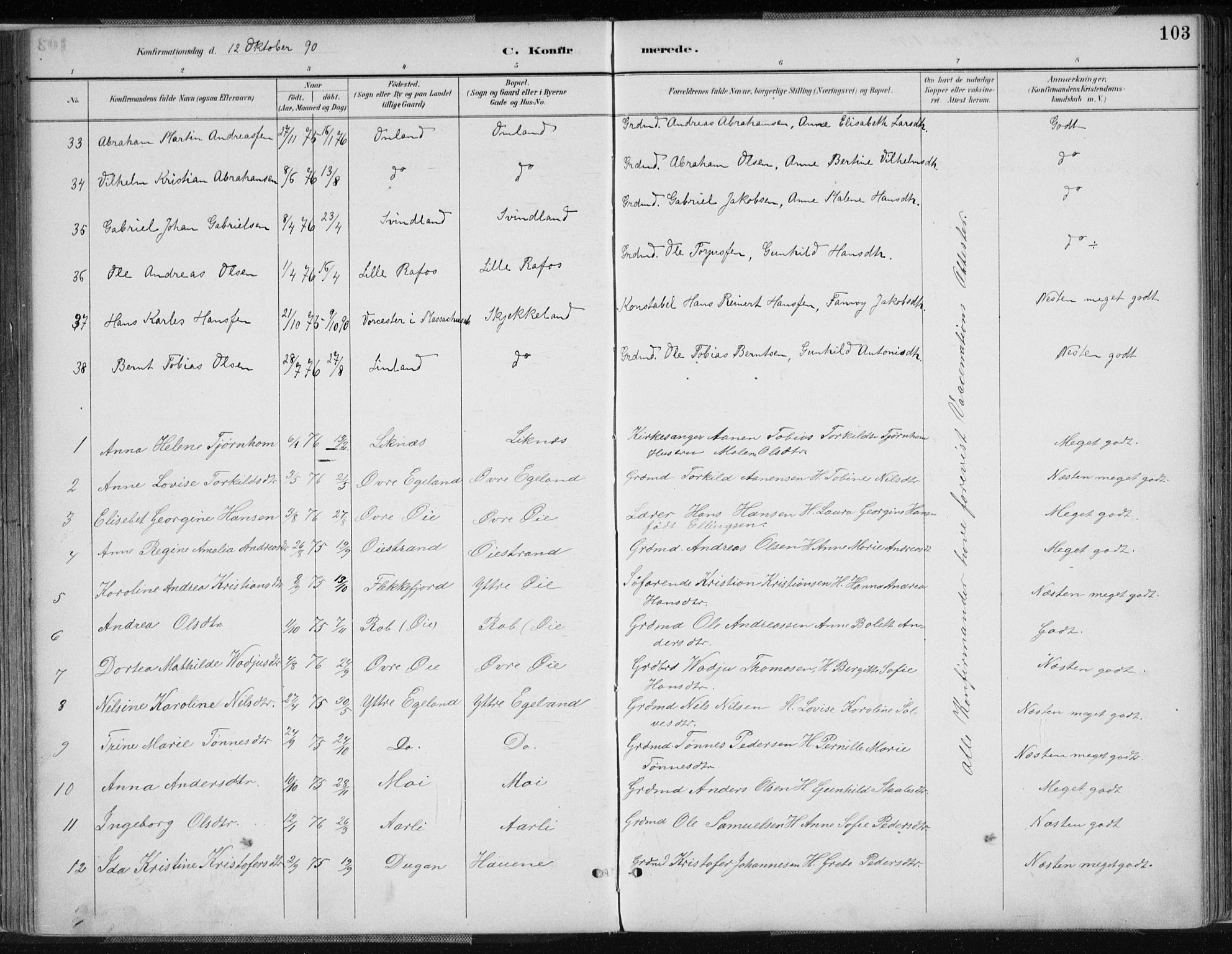 Kvinesdal sokneprestkontor, AV/SAK-1111-0026/F/Fa/Fab/L0008: Parish register (official) no. A 8, 1886-1897, p. 103