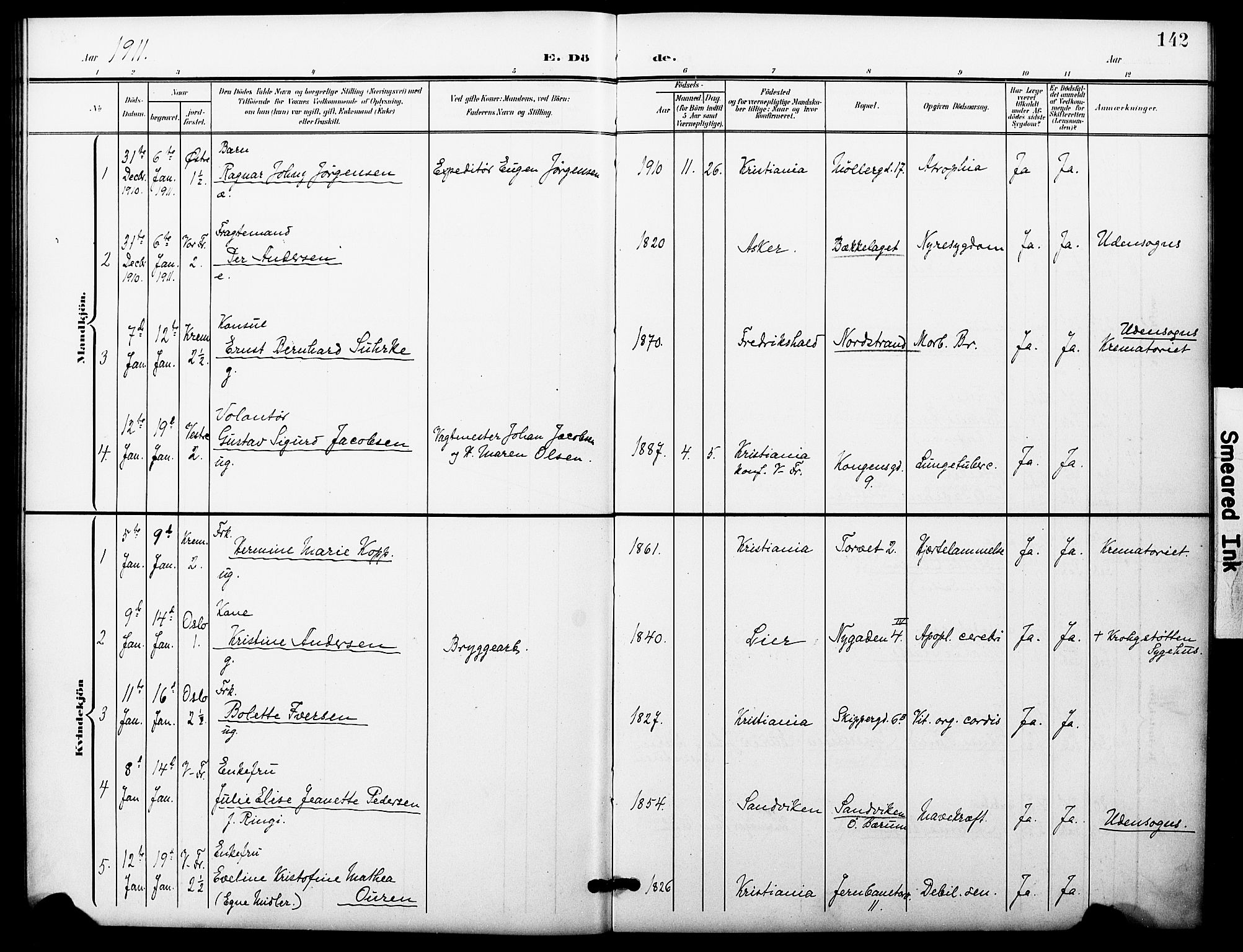 Oslo domkirke Kirkebøker, AV/SAO-A-10752/F/Fa/L0036: Parish register (official) no. 36, 1901-1919, p. 142