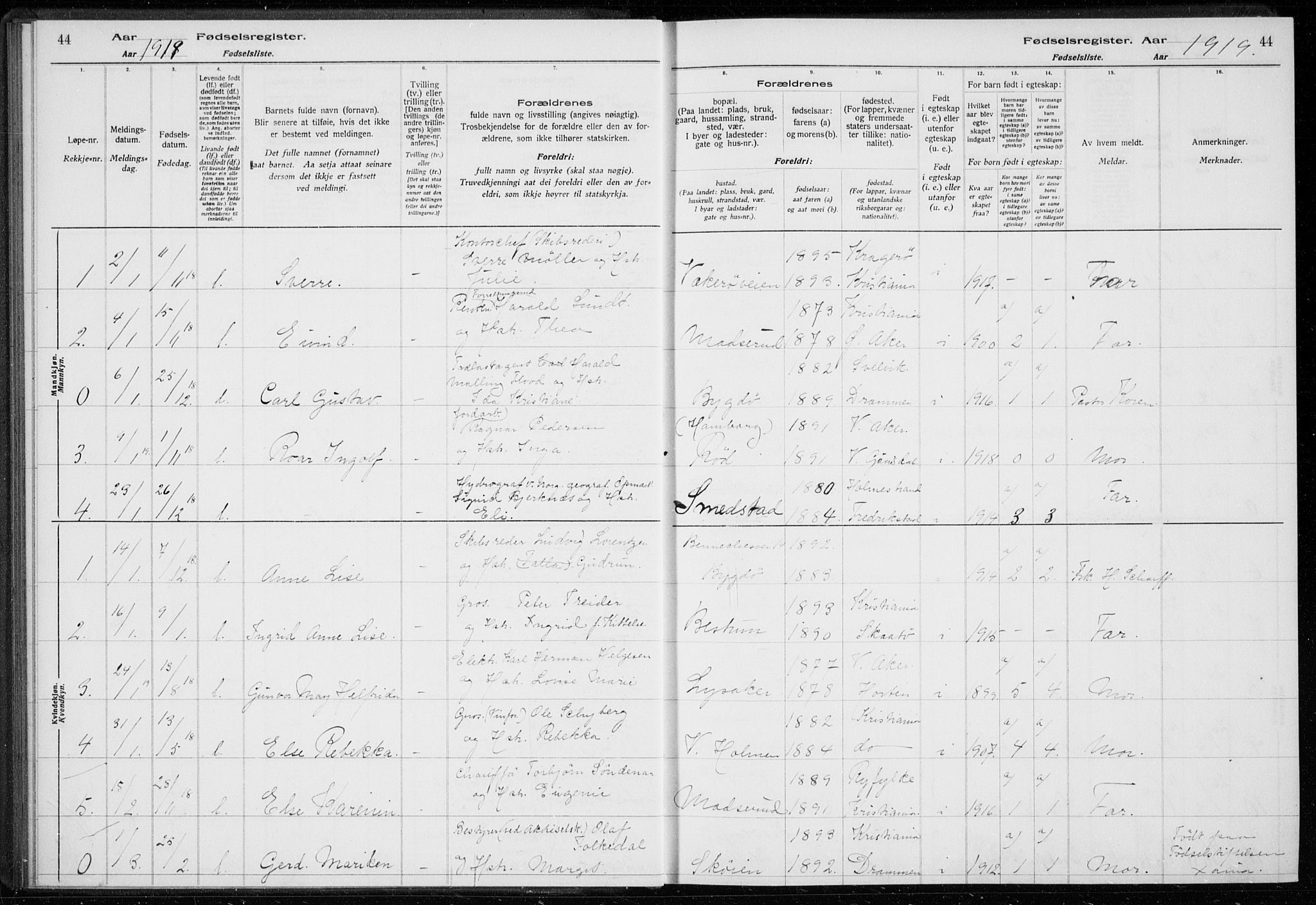 Ullern prestekontor Kirkebøker, SAO/A-10740/J/L0001: Birth register no. 1, 1916-1928, p. 44