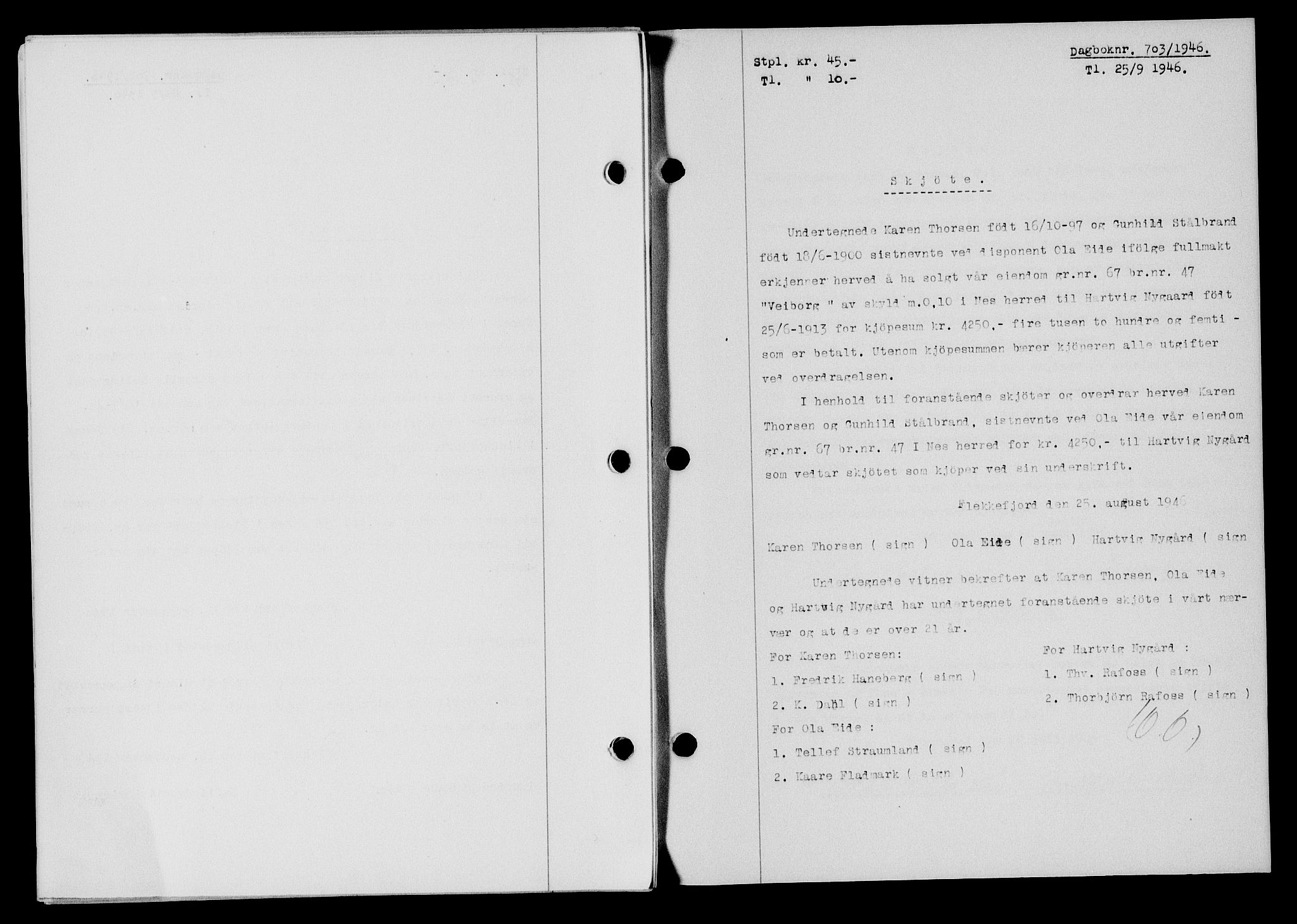 Flekkefjord sorenskriveri, AV/SAK-1221-0001/G/Gb/Gba/L0060: Mortgage book no. A-8, 1945-1946, Diary no: : 703/1946