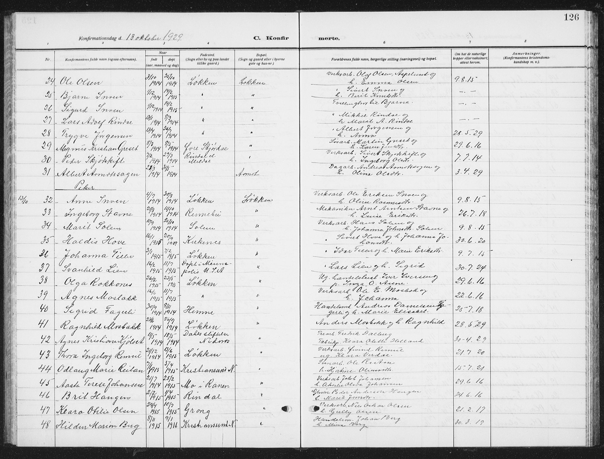 Ministerialprotokoller, klokkerbøker og fødselsregistre - Sør-Trøndelag, SAT/A-1456/672/L0866: Parish register (copy) no. 672C05, 1929-1939, p. 126