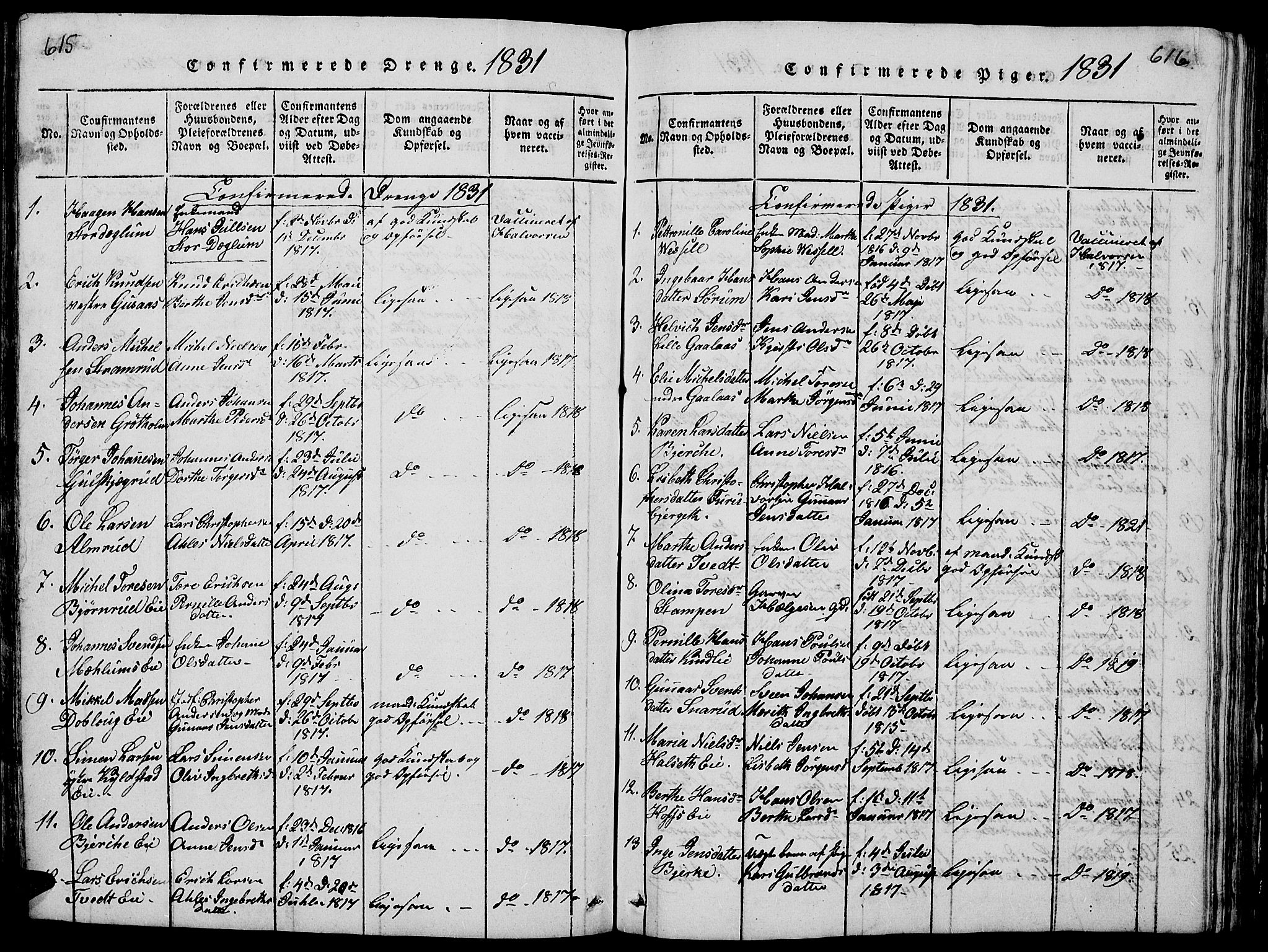 Vang prestekontor, Hedmark, SAH/PREST-008/H/Ha/Hab/L0005: Parish register (copy) no. 5, 1815-1836, p. 615-616