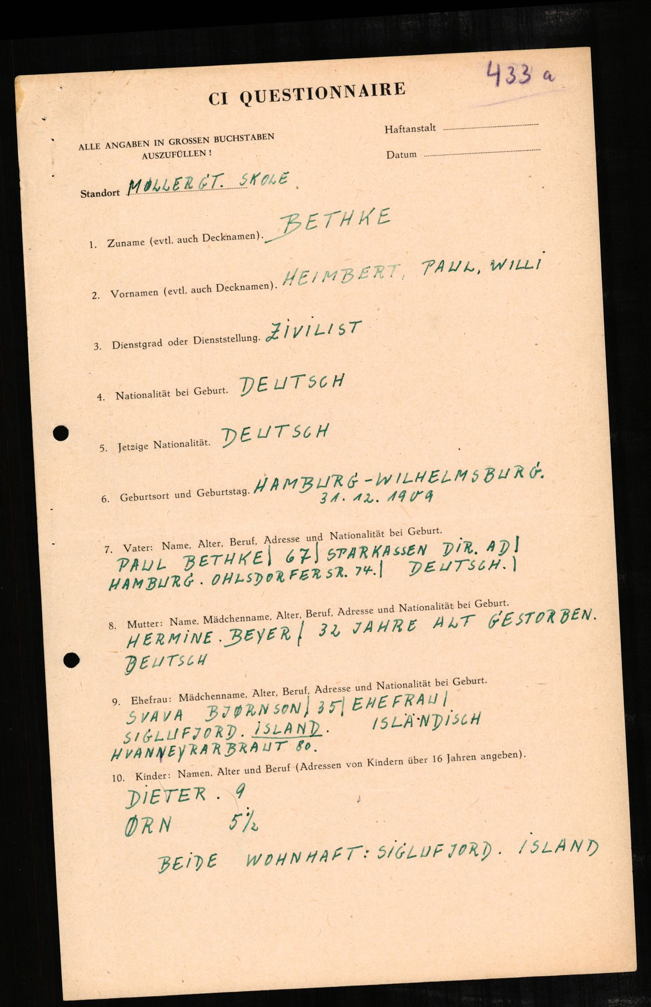 Forsvaret, Forsvarets overkommando II, AV/RA-RAFA-3915/D/Db/L0003: CI Questionaires. Tyske okkupasjonsstyrker i Norge. Tyskere., 1945-1946, p. 38