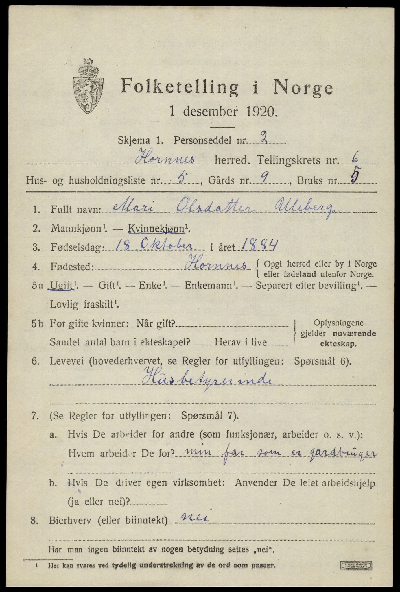 SAK, 1920 census for Hornnes, 1920, p. 1607