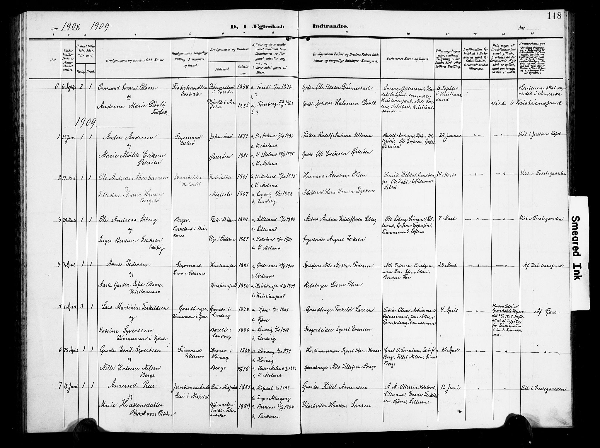 Vestre Moland sokneprestkontor, SAK/1111-0046/F/Fb/Fbb/L0007: Parish register (copy) no. B 7, 1906-1929, p. 118