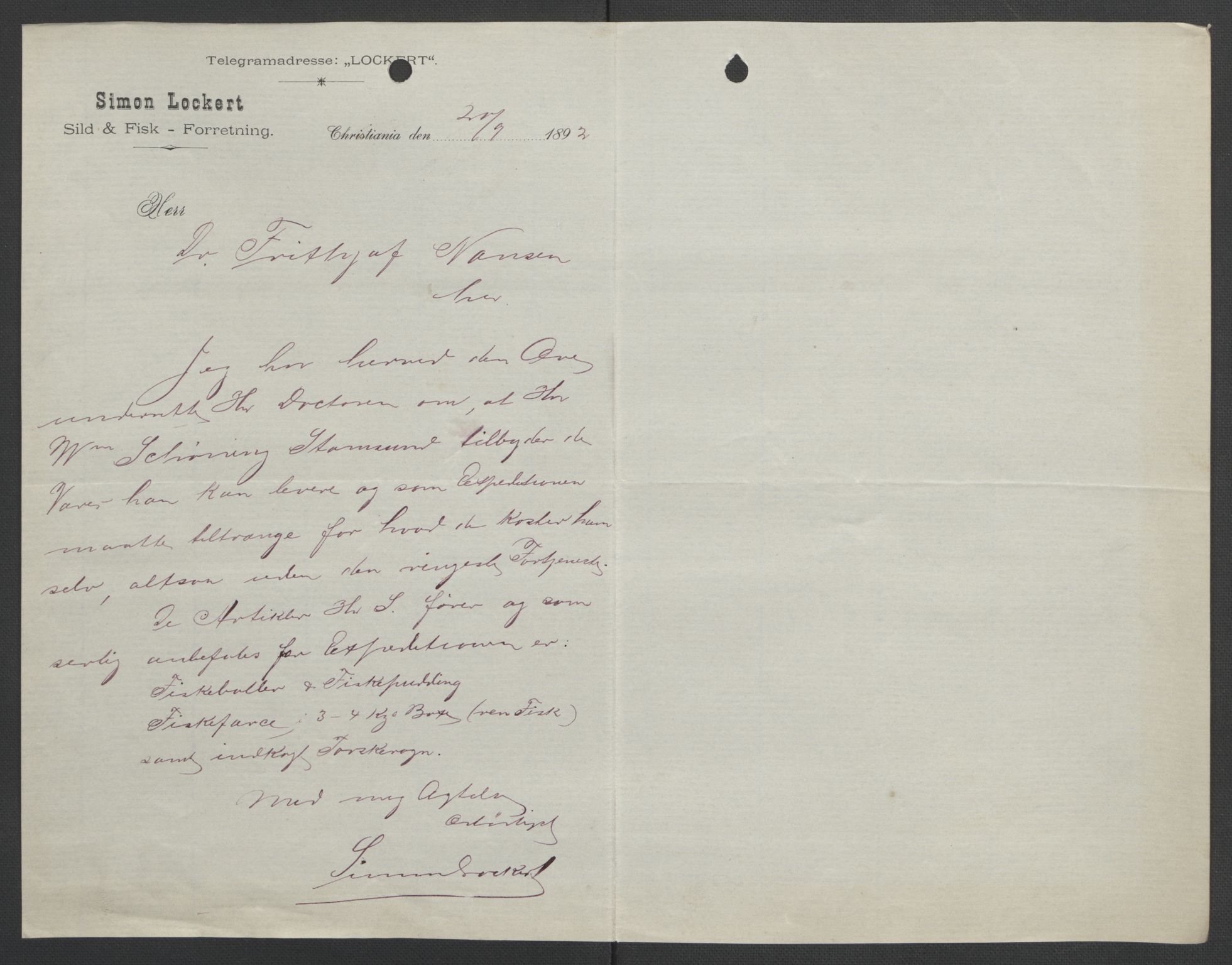 Arbeidskomitéen for Fridtjof Nansens polarekspedisjon, AV/RA-PA-0061/D/L0004: Innk. brev og telegrammer vedr. proviant og utrustning, 1892-1893, p. 354