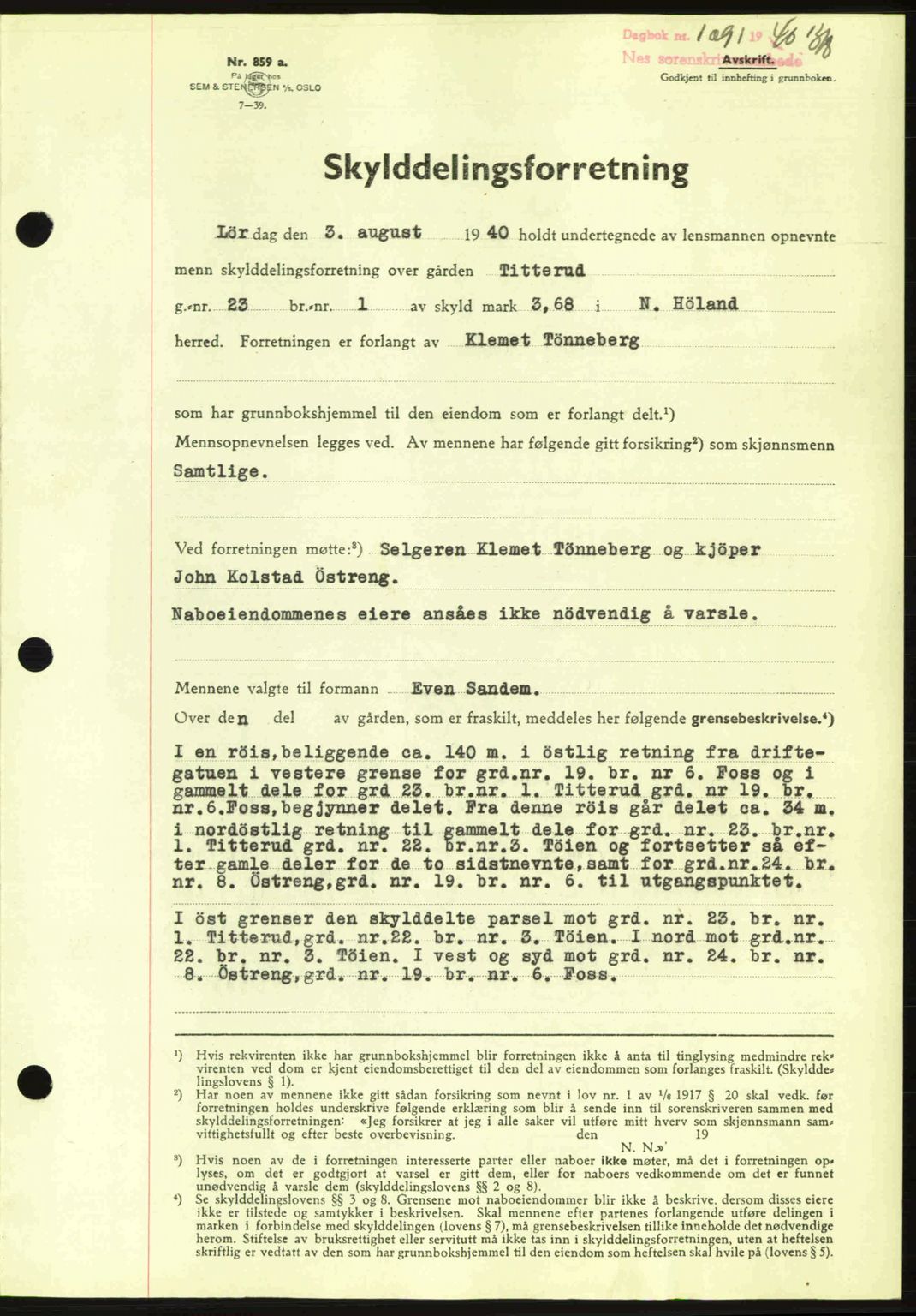 Nes tingrett, SAO/A-10548/G/Gb/Gbb/L0010: Mortgage book no. 54, 1939-1940, Diary no: : 1091/1940