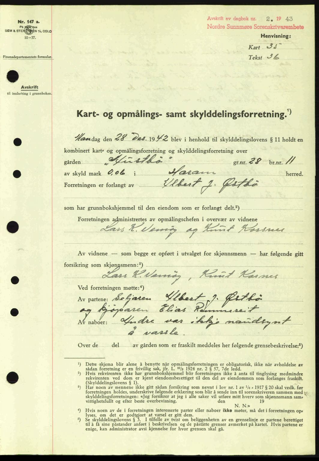 Nordre Sunnmøre sorenskriveri, AV/SAT-A-0006/1/2/2C/2Ca: Mortgage book no. A15, 1942-1943, Diary no: : 2/1943