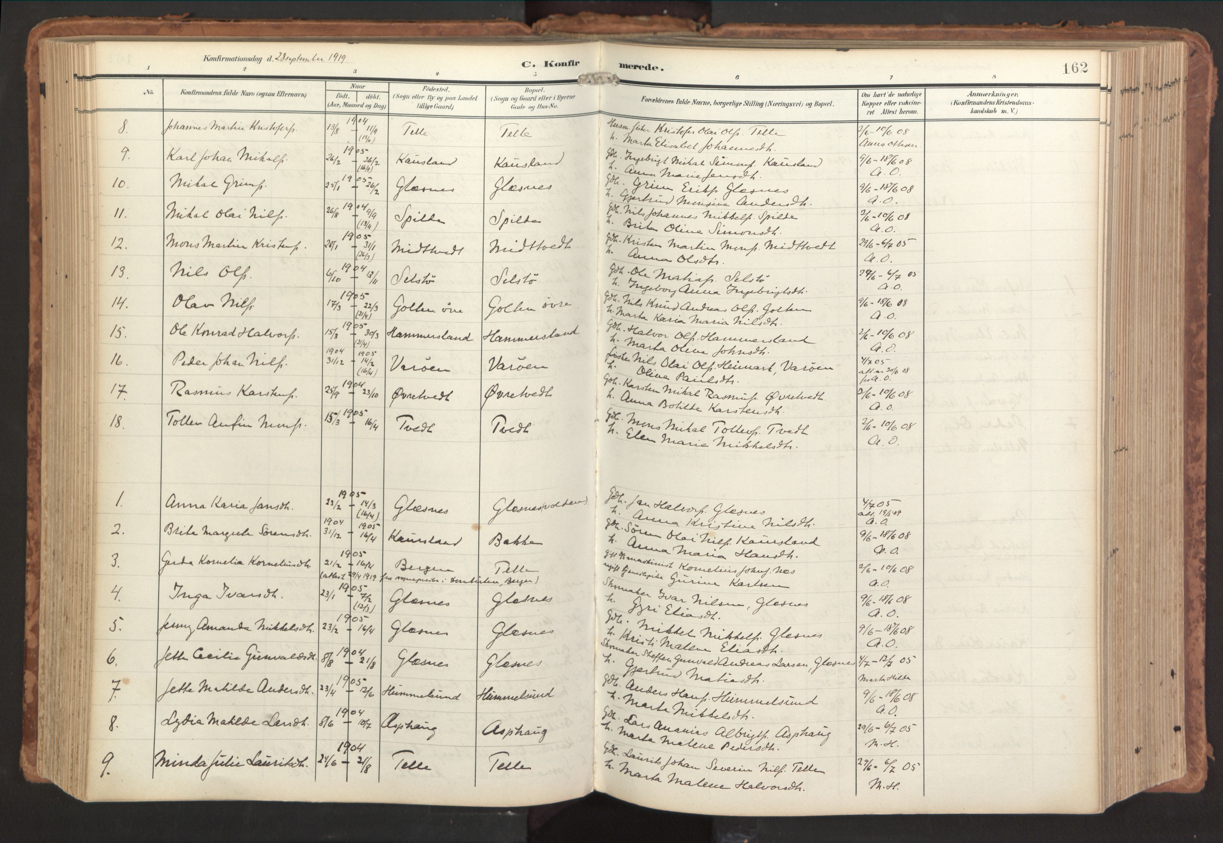 Sund sokneprestembete, AV/SAB-A-99930: Parish register (official) no. B 2, 1907-1926, p. 162