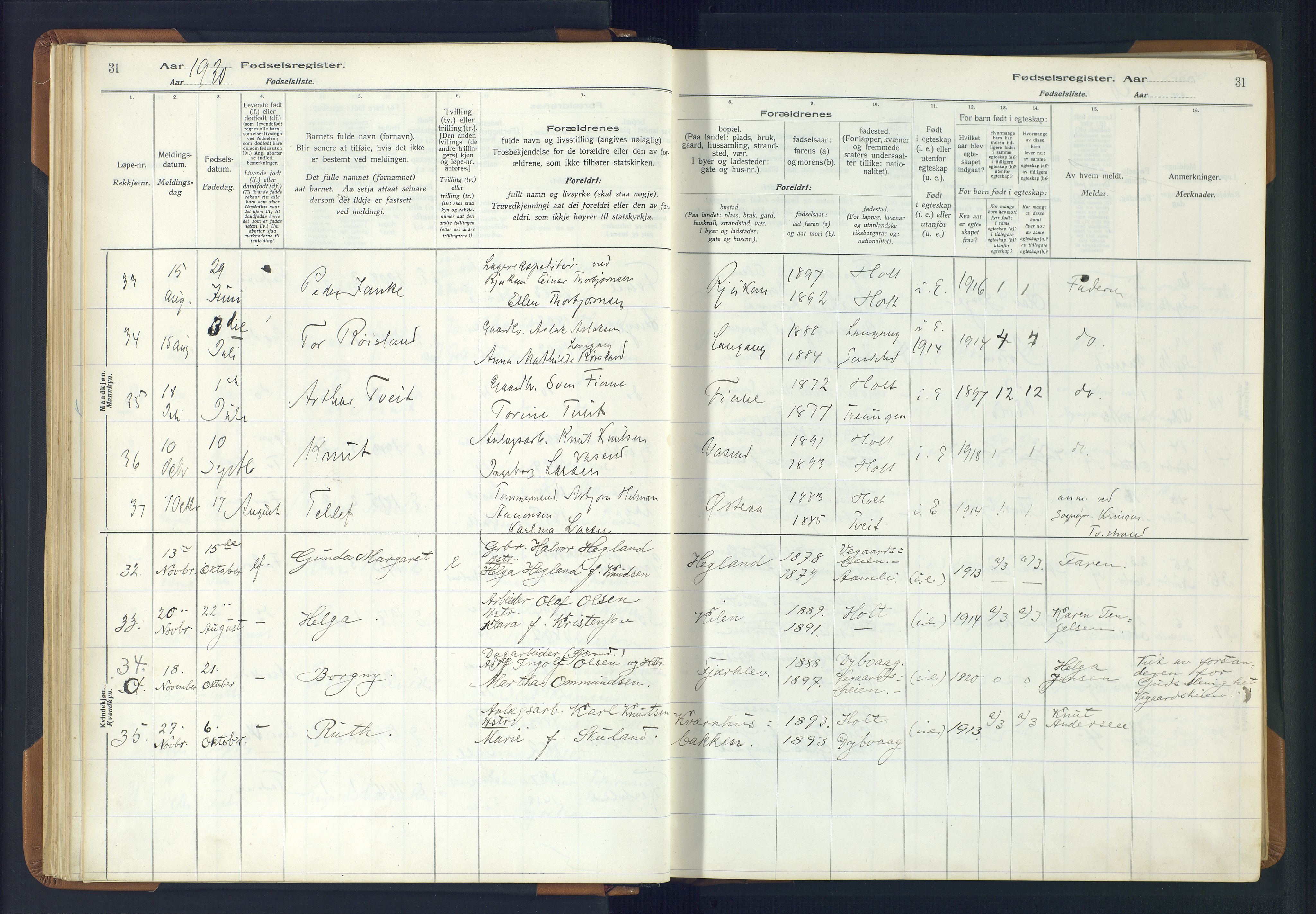 Holt sokneprestkontor, AV/SAK-1111-0021/J/Ja/L0001: Birth register no. II.4.1, 1916-1946, p. 31