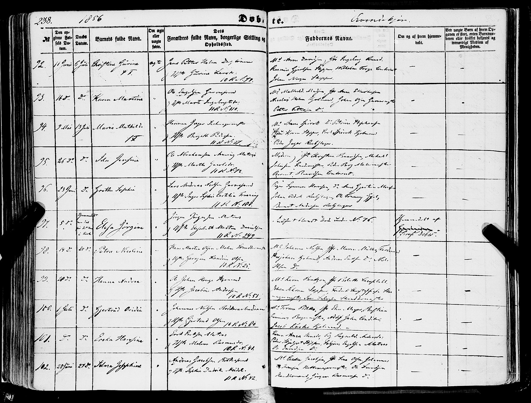 Domkirken sokneprestembete, SAB/A-74801/H/Haa/L0020: Parish register (official) no. B 3, 1851-1859, p. 238