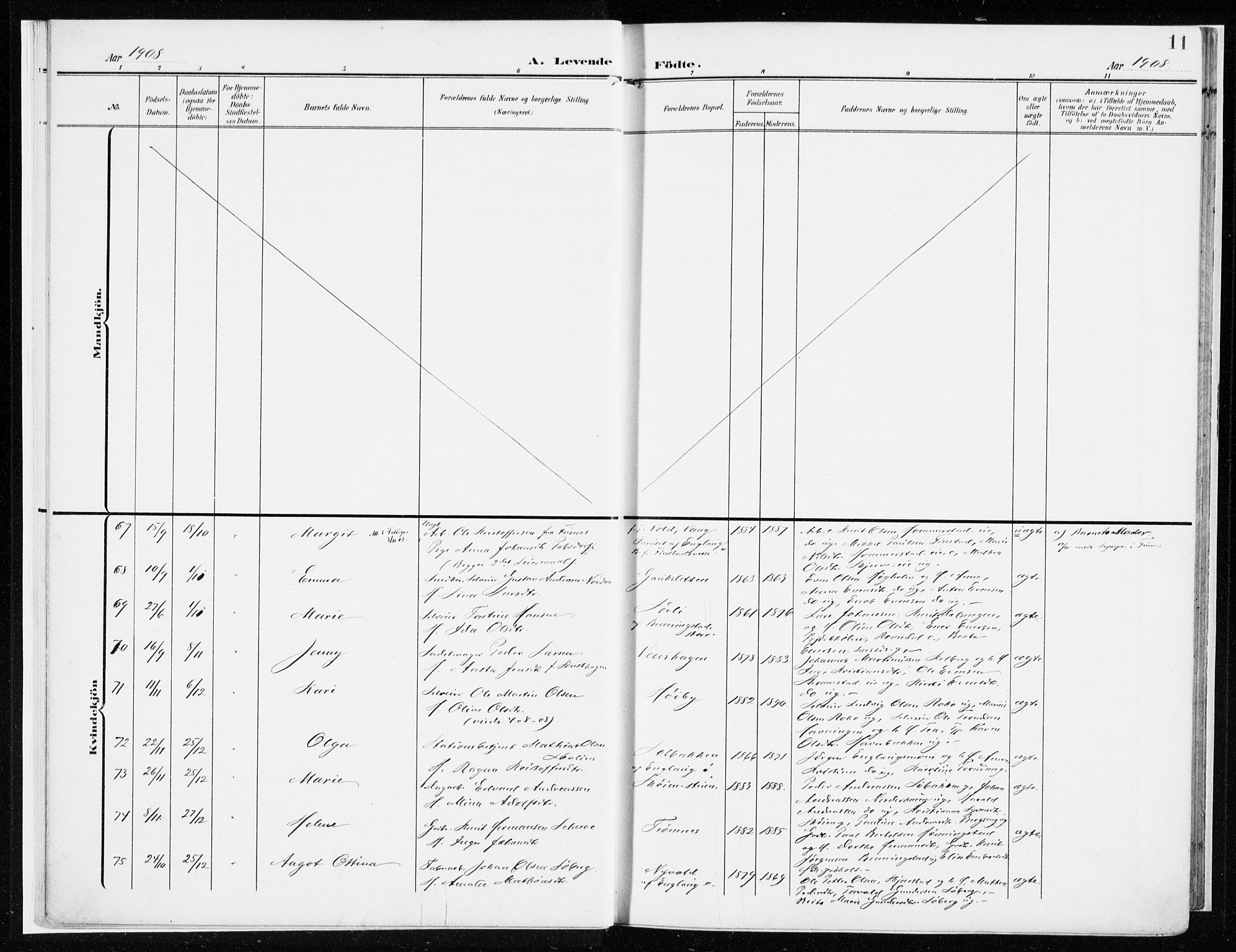 Løten prestekontor, AV/SAH-PREST-022/K/Ka/L0011: Parish register (official) no. 11, 1908-1917, p. 11