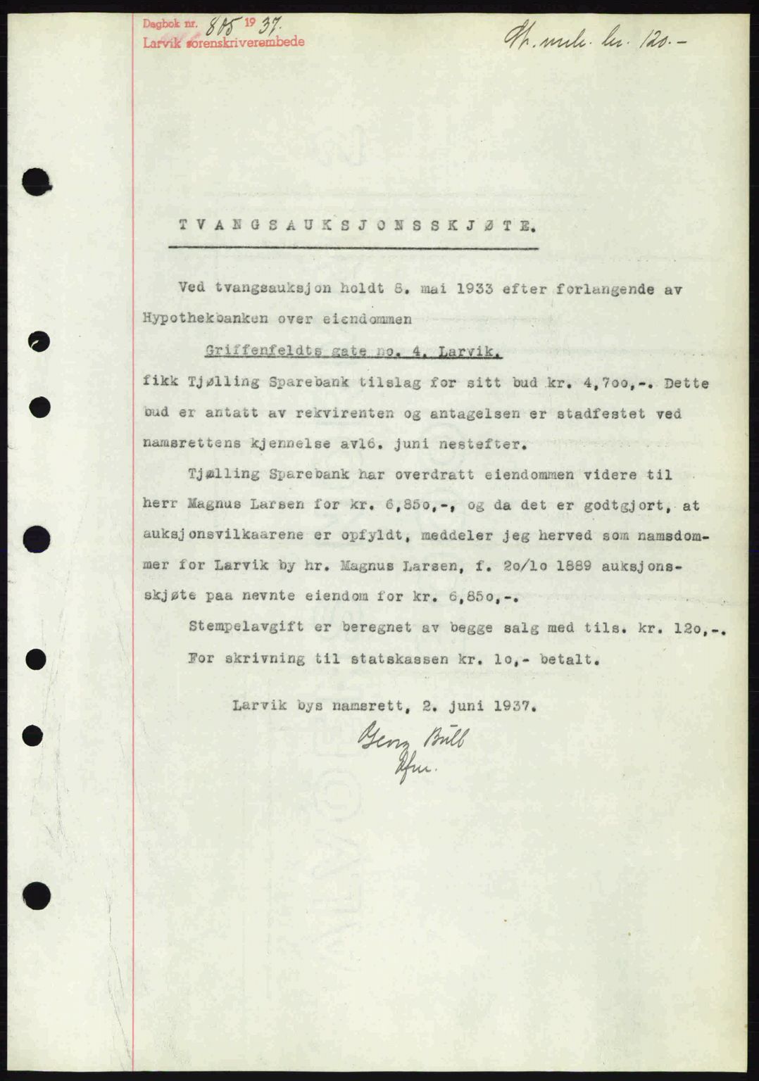 Larvik sorenskriveri, SAKO/A-83/G/Ga/Gab/L0067: Mortgage book no. A-1, 1936-1937, Diary no: : 805/1937