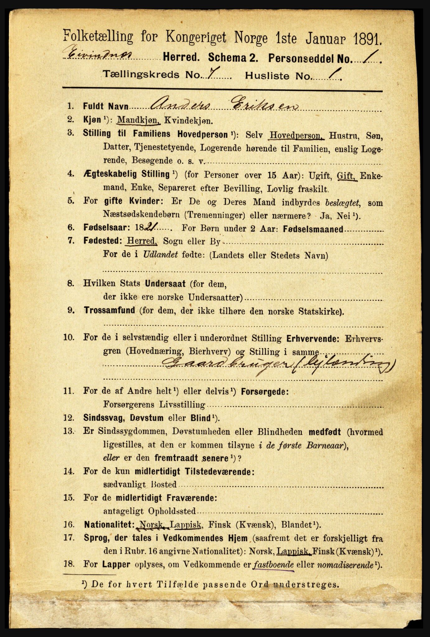 RA, 1891 census for 1853 Evenes, 1891, p. 2172