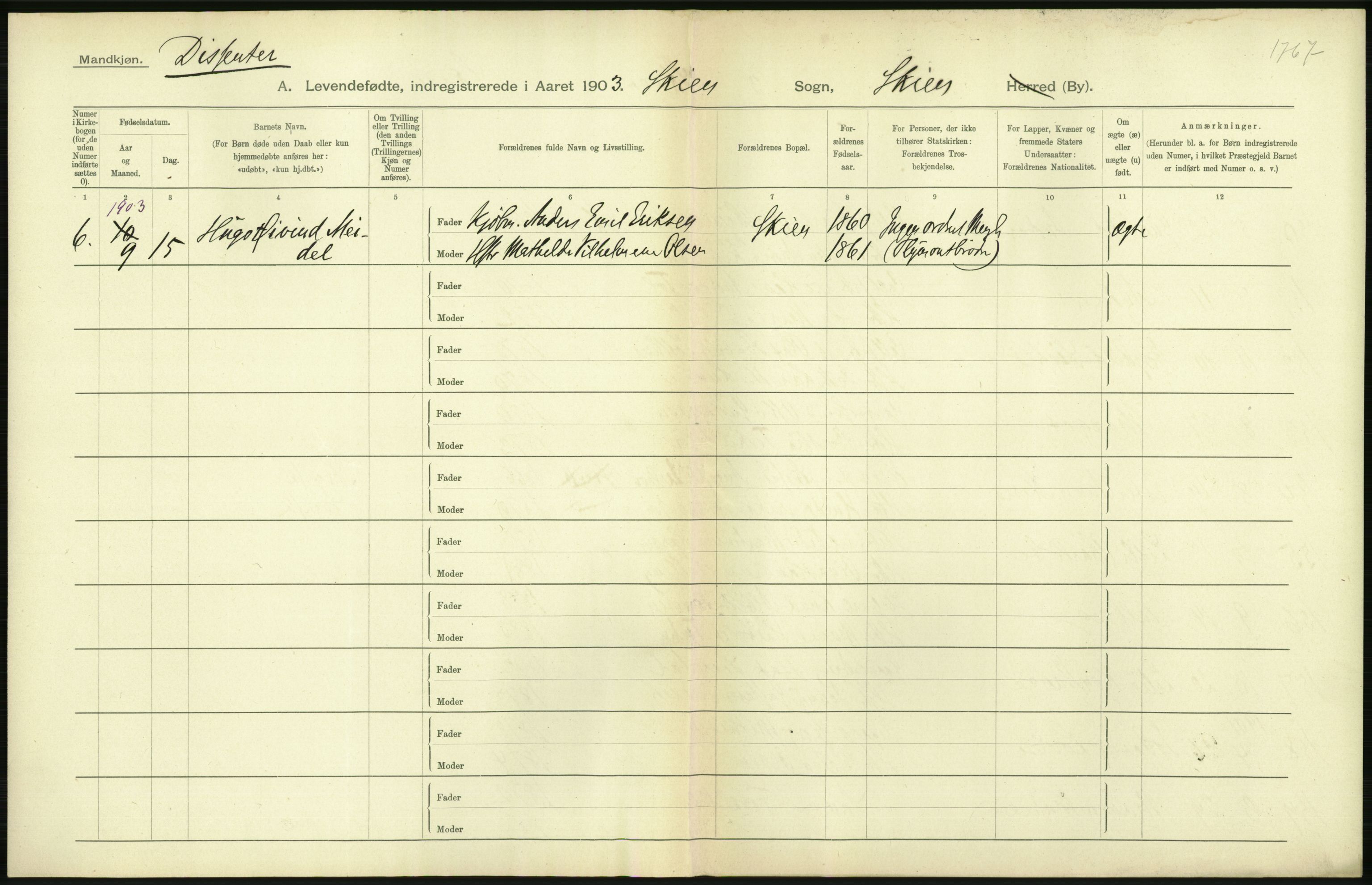 Statistisk sentralbyrå, Sosiodemografiske emner, Befolkning, AV/RA-S-2228/D/Df/Dfa/Dfaa/L0009: Bratsberg amt: Fødte, gifte, døde, 1903, p. 282