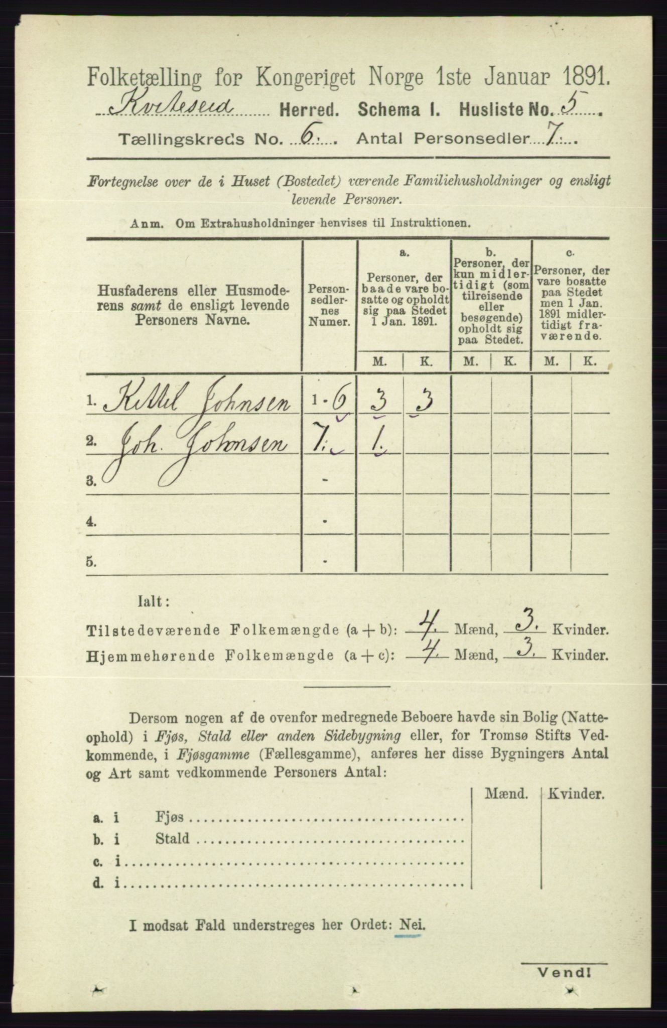 RA, 1891 census for 0829 Kviteseid, 1891, p. 1143