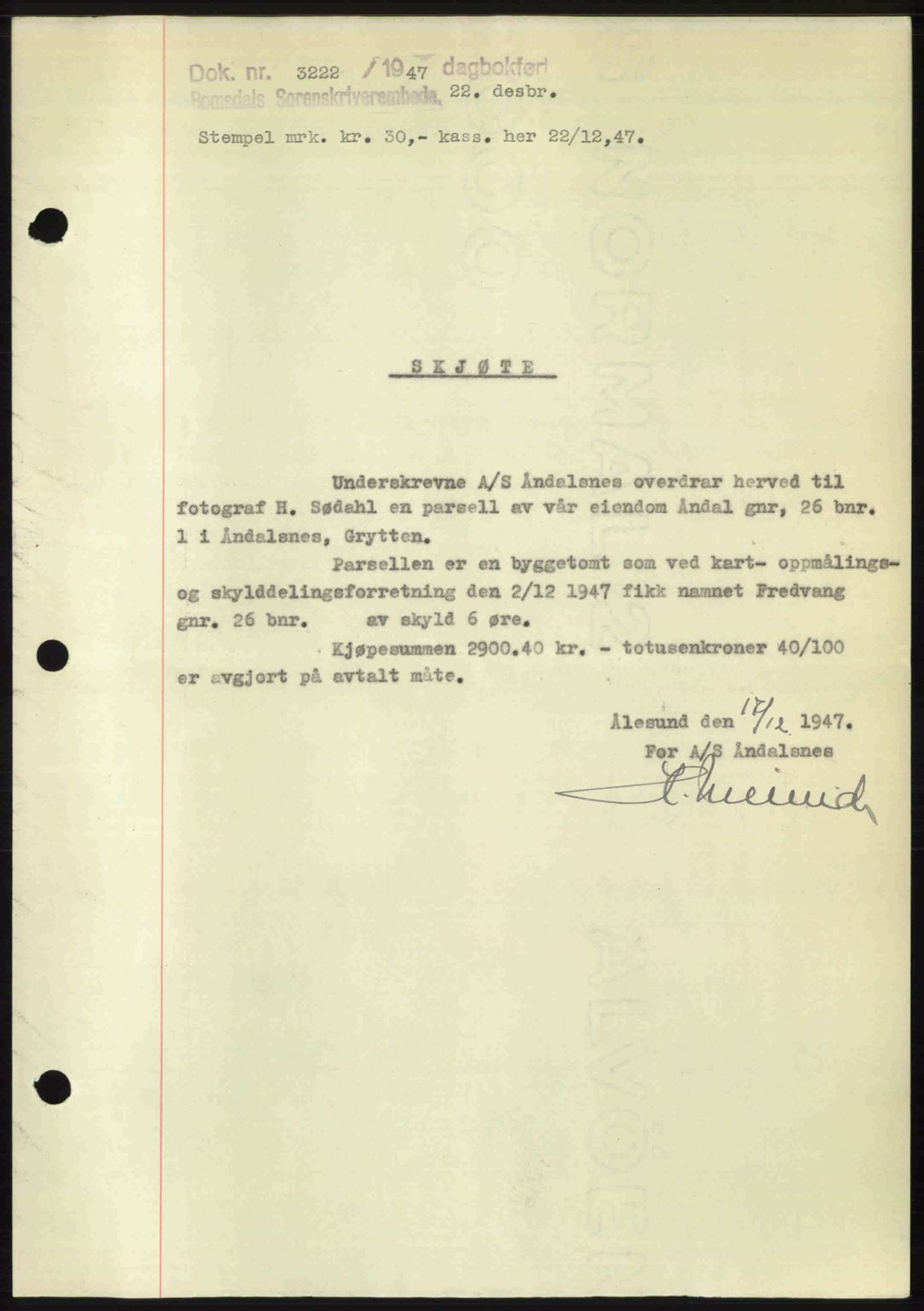 Romsdal sorenskriveri, SAT/A-4149/1/2/2C: Mortgage book no. A24, 1947-1947, Diary no: : 3222/1947
