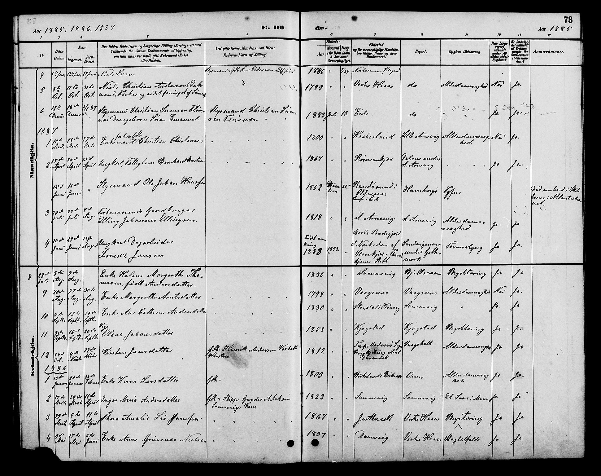 Hommedal sokneprestkontor, SAK/1111-0023/F/Fb/Fba/L0004: Parish register (copy) no. B 4, 1885-1908, p. 73